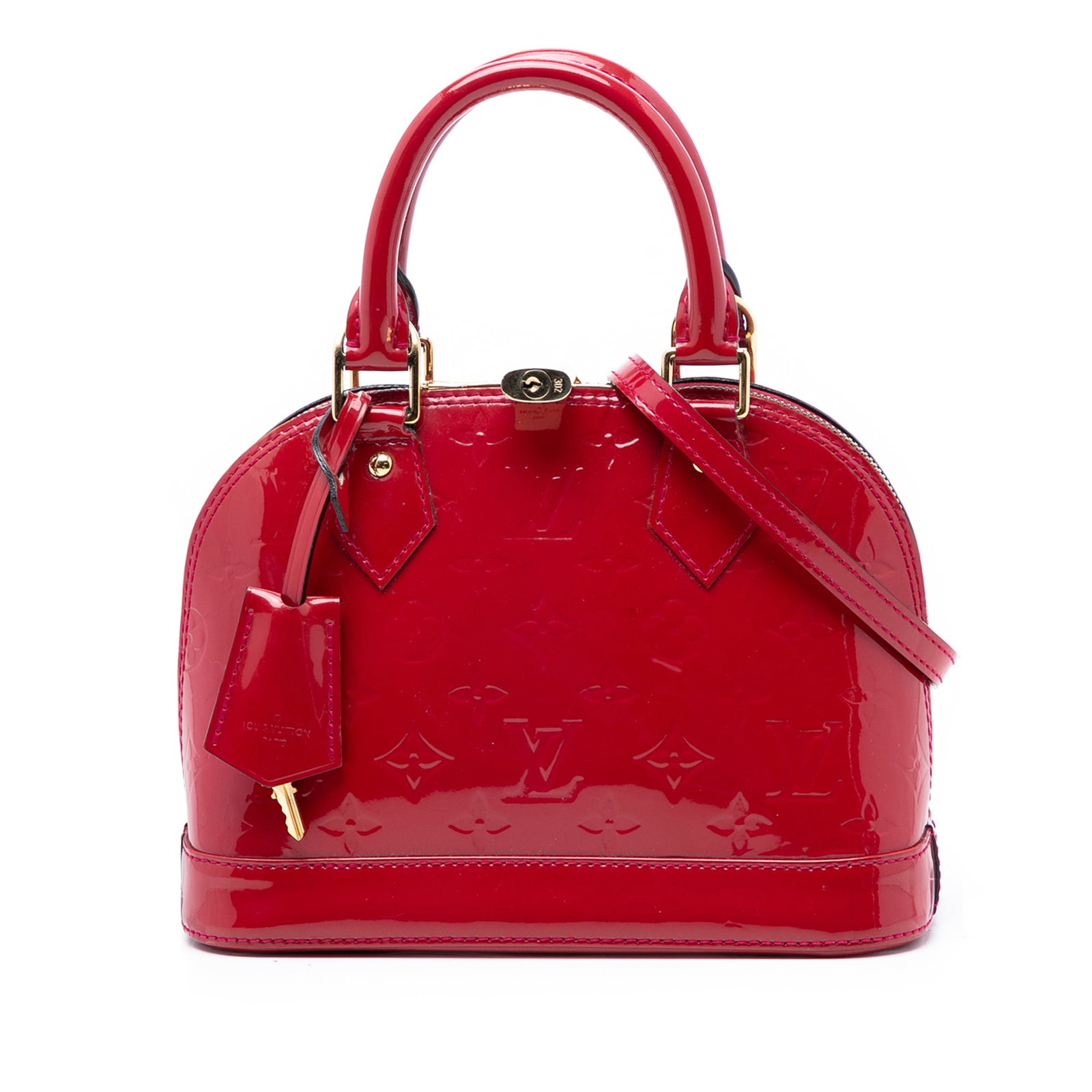 Red Vernis Leather Alma BB Bag with Strap by Louis Vuitton: Red Vernis Leather Alma BB Bag with Strap by Louis Vuitton This Louis Vuitton Monogram Vernis Alma BB features a red vernis leather body, rolled leather handles, a detachable leather strap, a top zip-