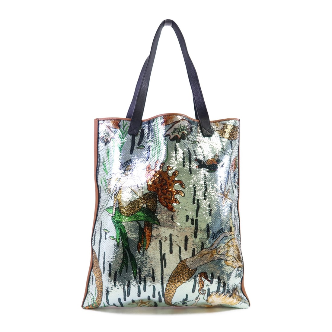 Paula's Ibiza Tote by LOEWE Calfskin Leather with Sequin Detail Brown Green: Paula's Ibiza Tote by LOEWE Calfskin Leather with Sequin Detail Brown Green This LOEWE Paula's Ibiza tote shoulder bag is crafted from calfskin leather and embellished with sequins in a brown, green, 