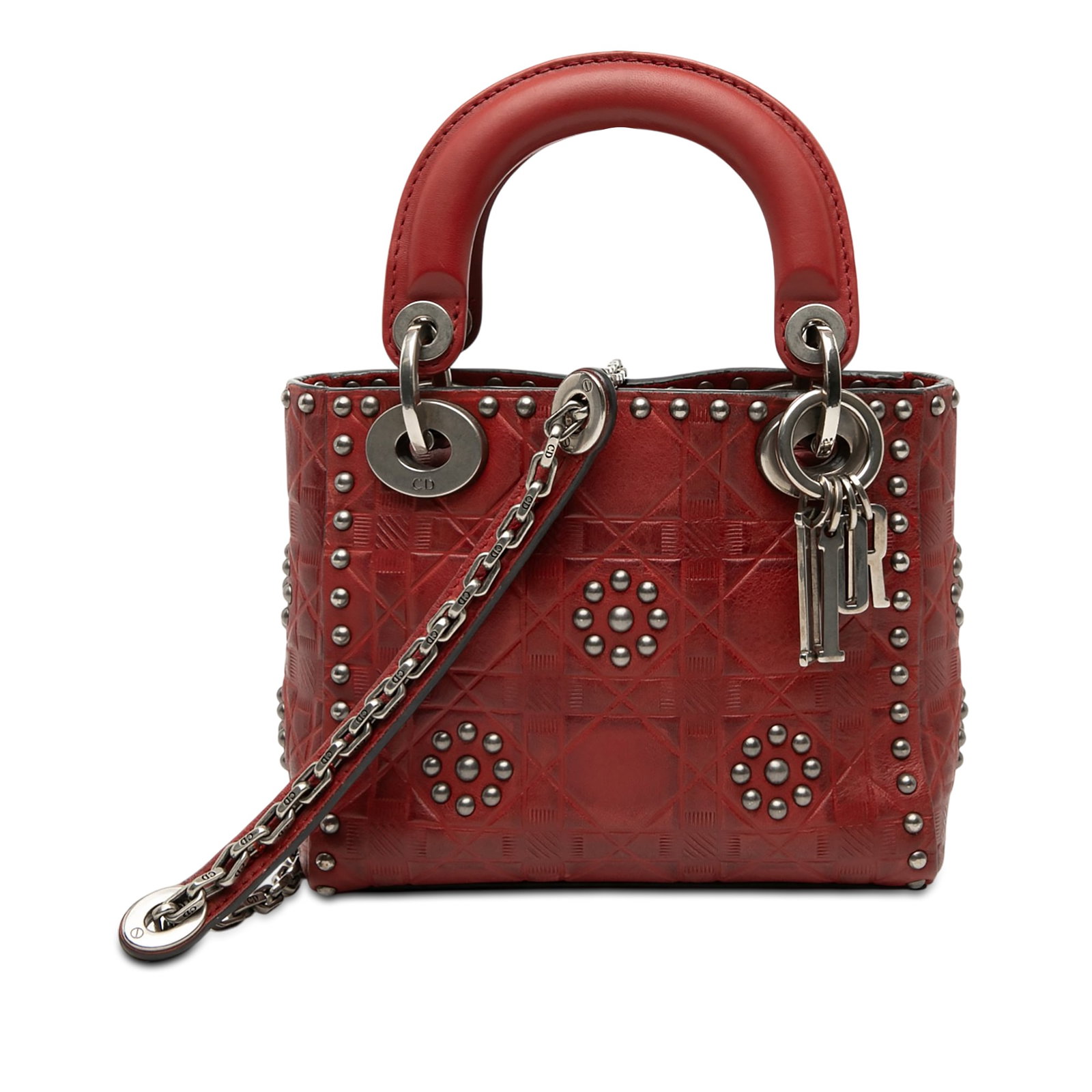 Dior Mini Lady Dior Red Calfskin Satchel with Studded Floral Embossing: Dior Mini Lady Dior Red Calfskin Satchel with Studded Floral Embossing This Lady Dior Mini satchel features embossed and studded calfskin leather in a striking red hue. It is designed with flat leathe