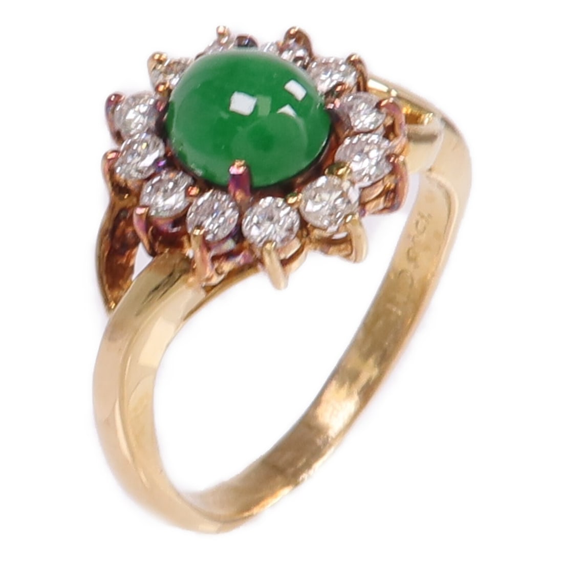 18K Yellow Gold Jade and Diamond Ring Size US 6: 18K Yellow Gold Jade and Diamond Ring Size US 6 This elegant ring features a jade main stone set in 18K yellow gold. Designed in a classic style, it is crafted for regular wear and exhibits reasonable