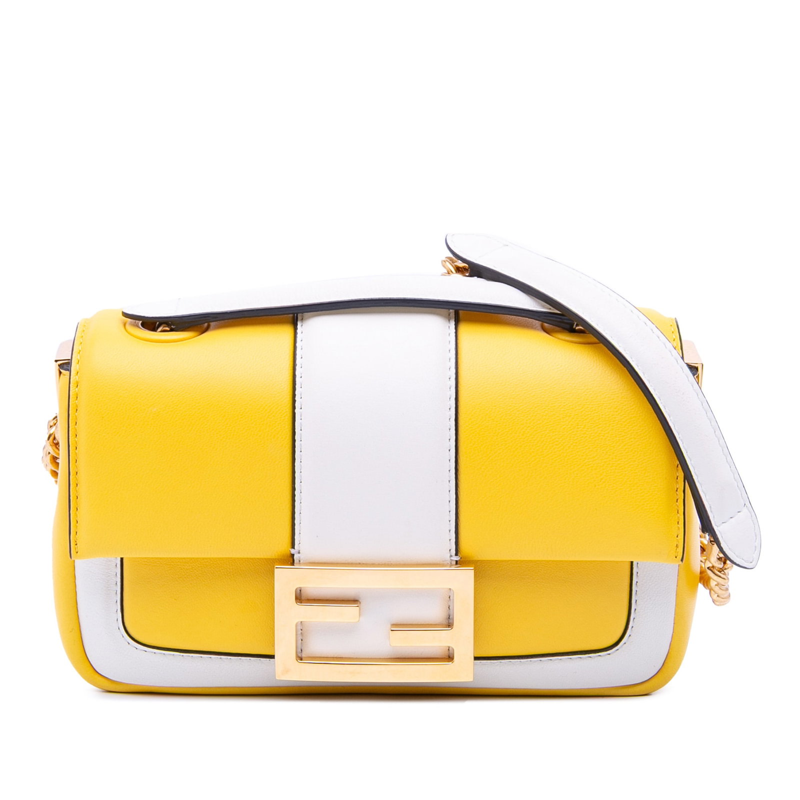 Fendi Mini Bicolor Nappa Apolo Chain Baguette Bag Yellow Leather Italy: Fendi Mini Bicolor Nappa Apolo Chain Baguette Bag Yellow Leather Italy Introducing the Fendi Mini Bicolor Nappa Apolo Chain Baguette Shoulder Bag, a luxurious accessory that seamlessly blends style an