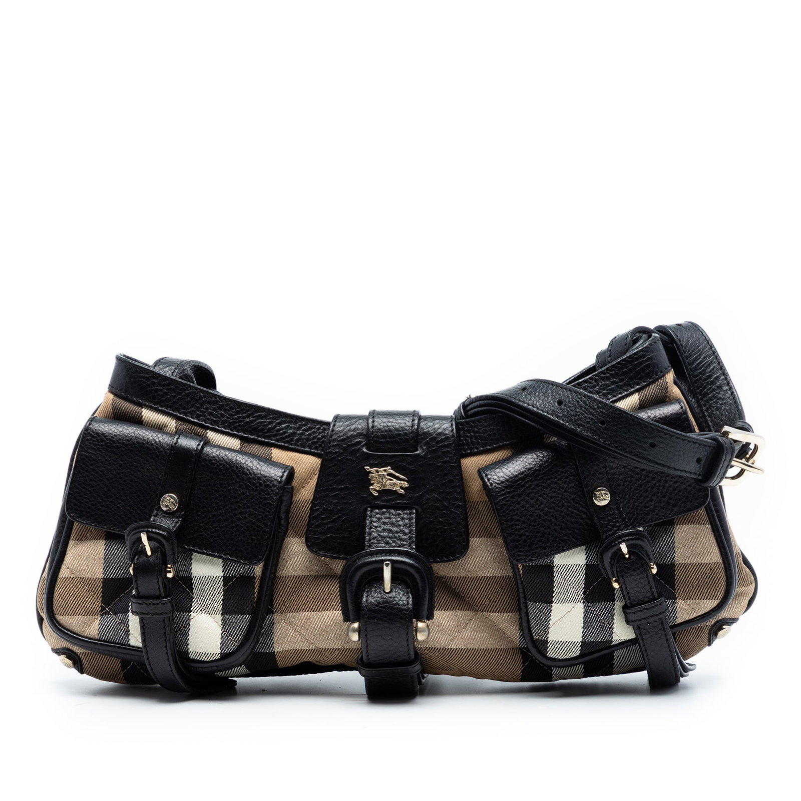Burberry Cinda Plaid Quilted Canvas Shoulder Bag with Leather Trim: Burberry Cinda Plaid Quilted Canvas Shoulder Bag with Leather Trim This Burberry Cinda shoulder bag features a quilted plaid canvas exterior accented with leather trim and an adjustable flat leather s