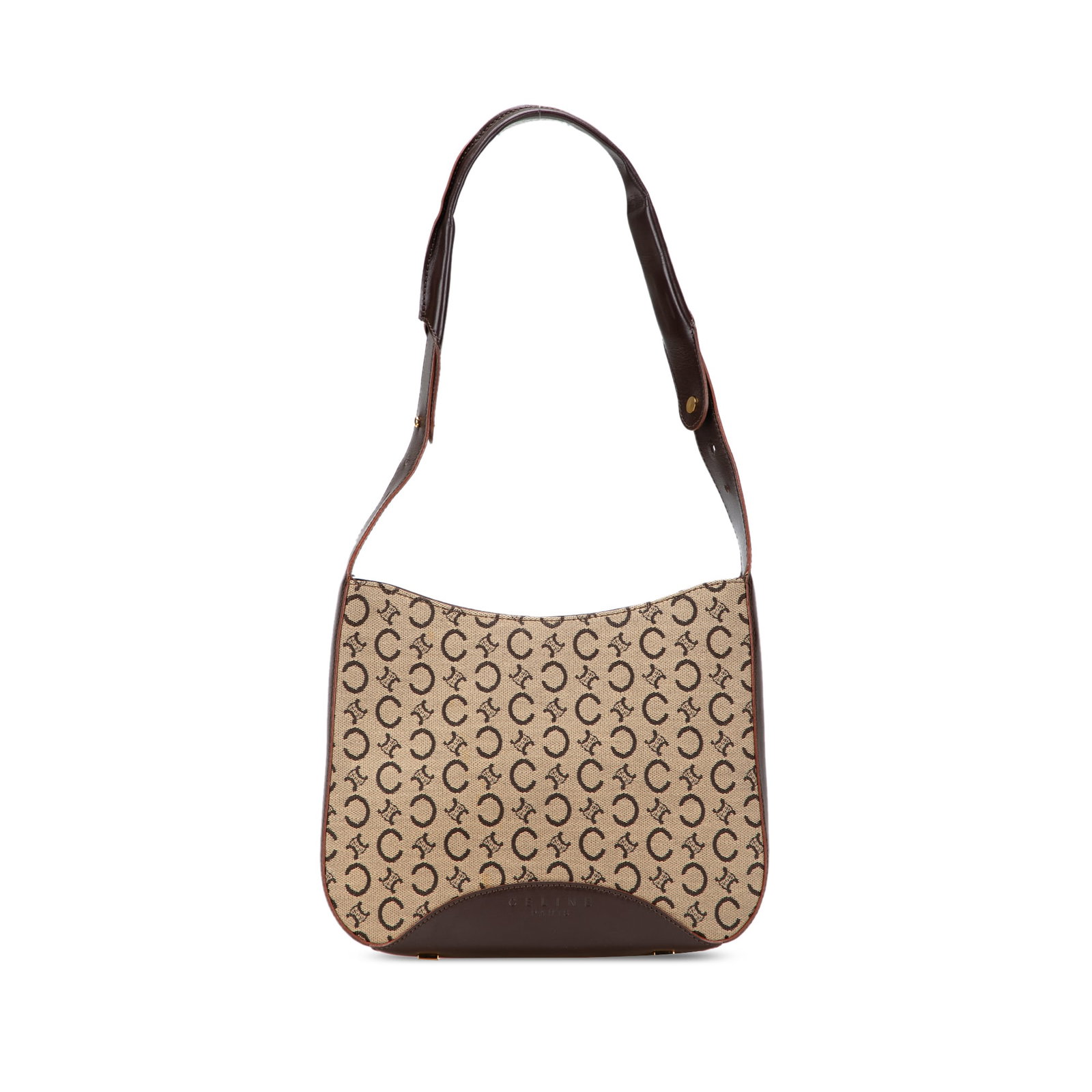 Celine C Macadam Brown Canvas Shoulder Bag with Leather Trim: Celine C Macadam Brown Canvas Shoulder Bag with Leather Trim The Celine C Macadam Canvas Shoulder Bag is a stylish and practical accessory crafted from durable canvas with luxurious leather trim. This