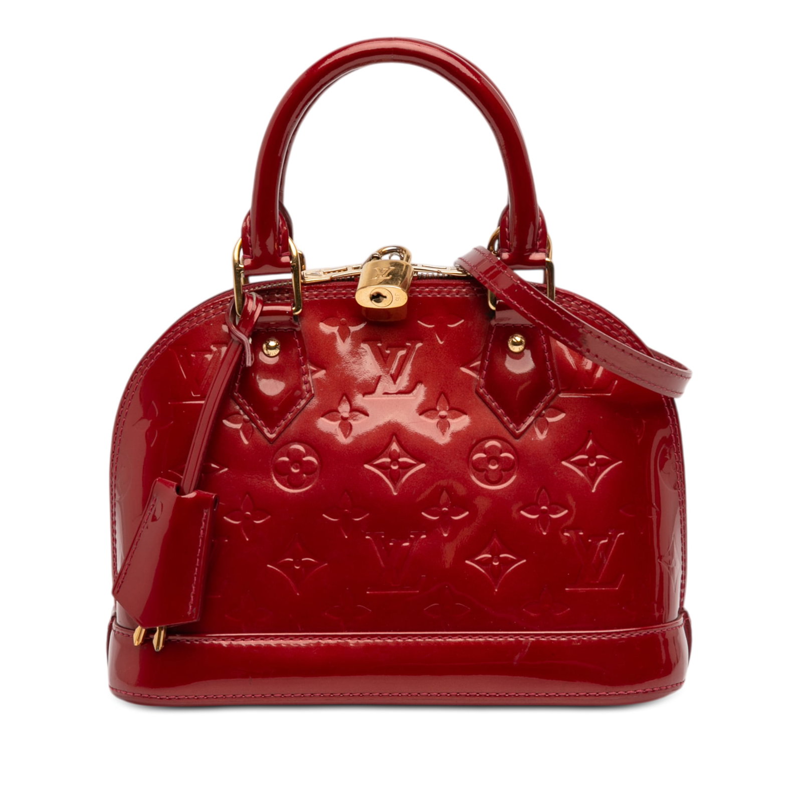 Red Vernis Leather Alma BB Crossbody by Louis Vuitton with Monogram Pattern: Red Vernis Leather Alma BB Crossbody by Louis Vuitton with Monogram Pattern This Louis Vuitton Monogram Vernis Alma BB features a red monogram vernis leather body with rolled leather handles, a detach