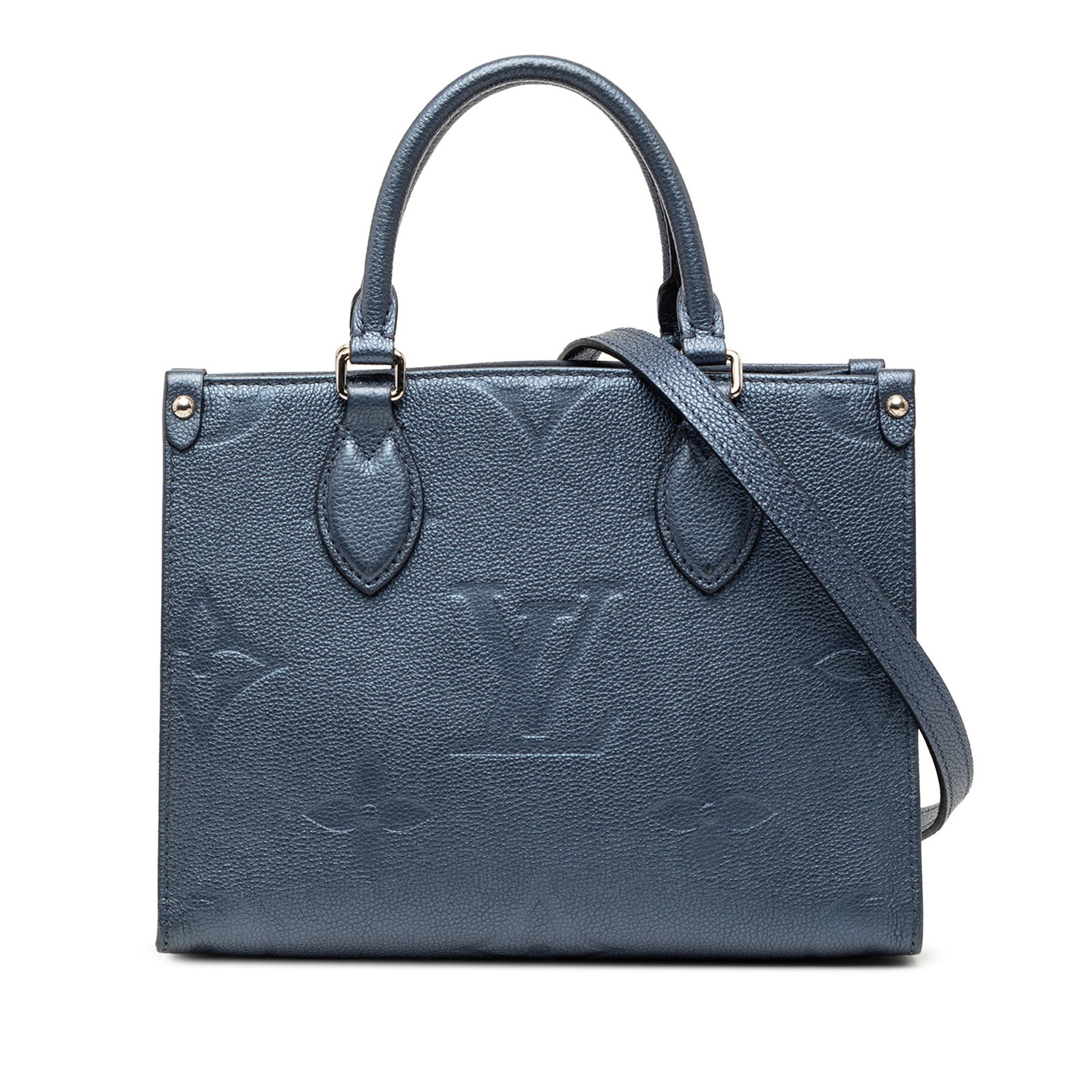 Louis Vuitton Onthego PM Blue Leather Monogram Giant Shoulder Bag: Louis Vuitton Onthego PM Blue Leather Monogram Giant Shoulder Bag This Louis Vuitton Onthego PM showcases the Metallic Monogram Giant Empreinte design in blue leather. It is styled with rolled handles