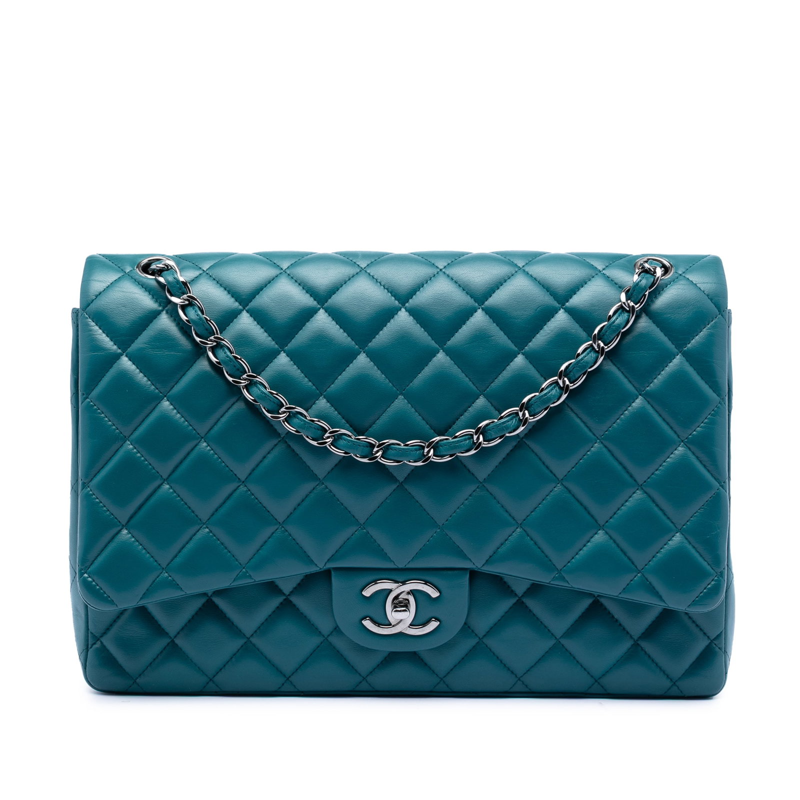 Blue Chanel Maxi Double Flap Quilted Lambskin Shoulder Bag: Blue Chanel Maxi Double Flap Quilted Lambskin Shoulder Bag This Chanel Maxi Classic Double Flap shoulder bag is crafted from quilted blue lambskin leather and features leather-woven chain straps, doub