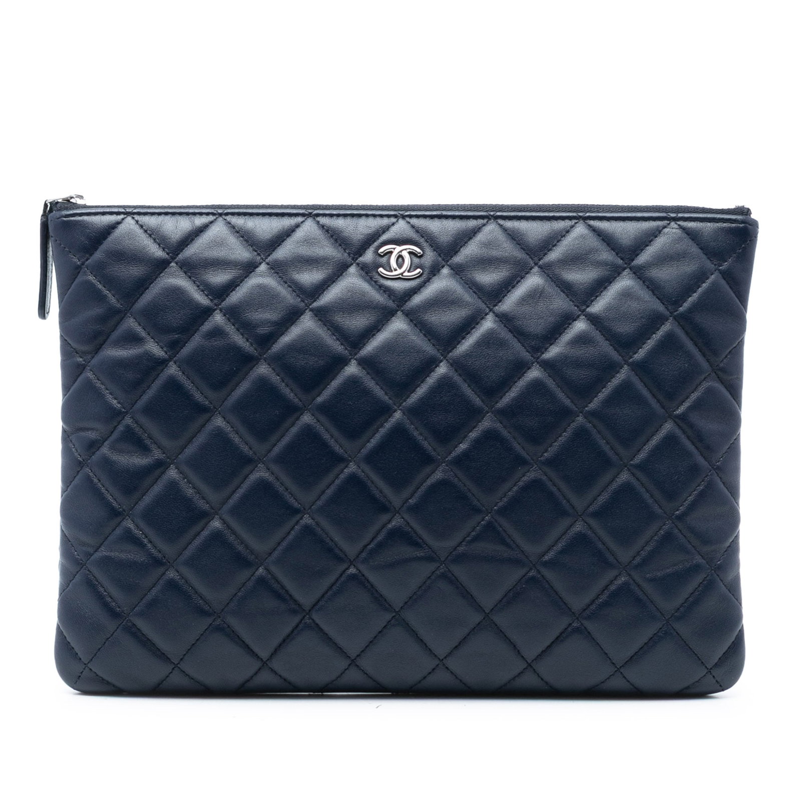 Blue Chanel Lambskin Quilted O Case Medium Clutch with Zip Pocket: Blue Chanel Lambskin Quilted O Case Medium Clutch with Zip Pocket This Chanel Medium Quilted Lambskin O Case Clutch features a quilted blue lambskin leather exterior with a top zip closure, an exterio