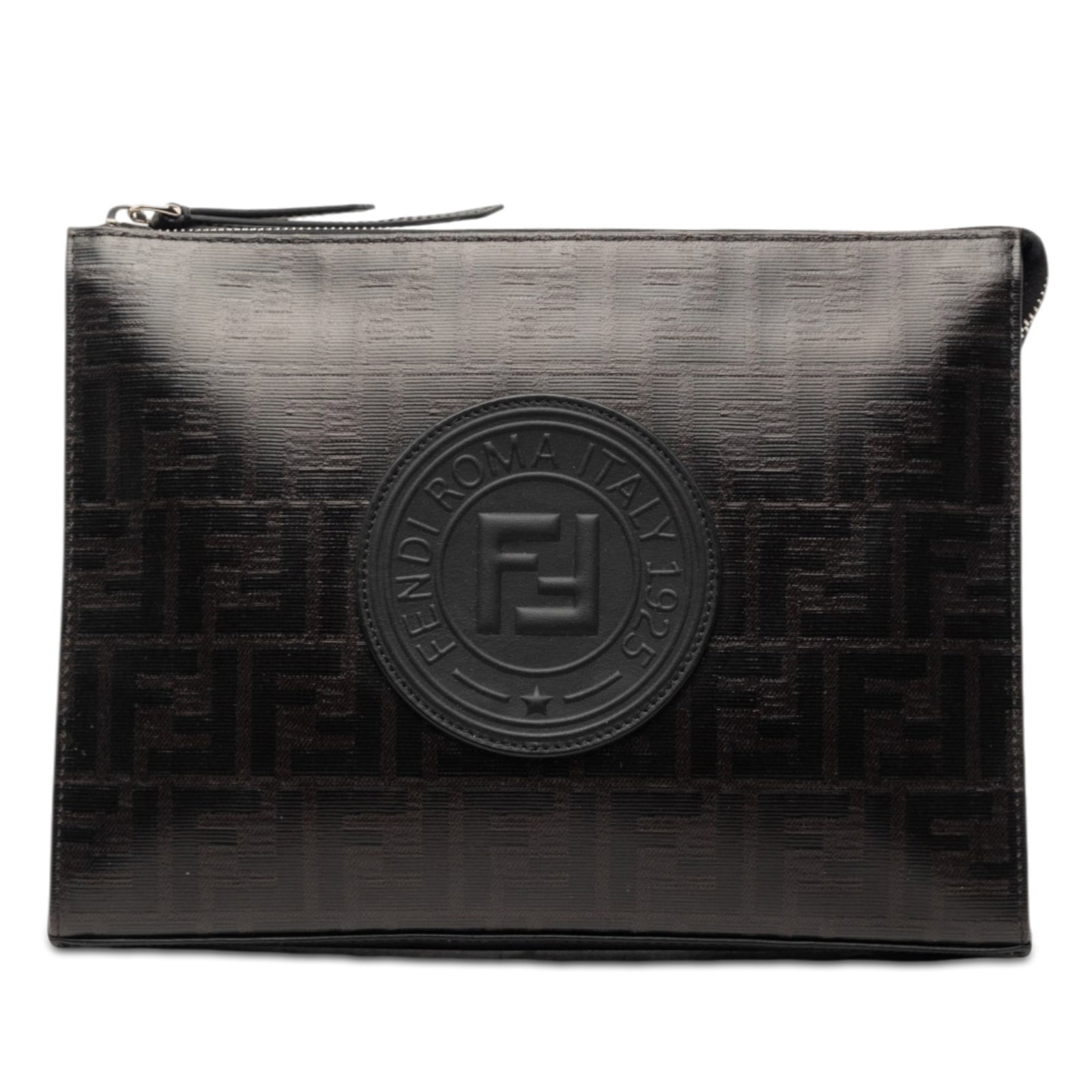 Fendi Black Zucca Pattern Coated Canvas Zip Clutch Bag: Fendi Black Zucca Pattern Coated Canvas Zip Clutch Bag This Fendi Zucca clutch features a coated canvas body with a top zip closure and interior slip pockets. The clutch displays signs of use, includi