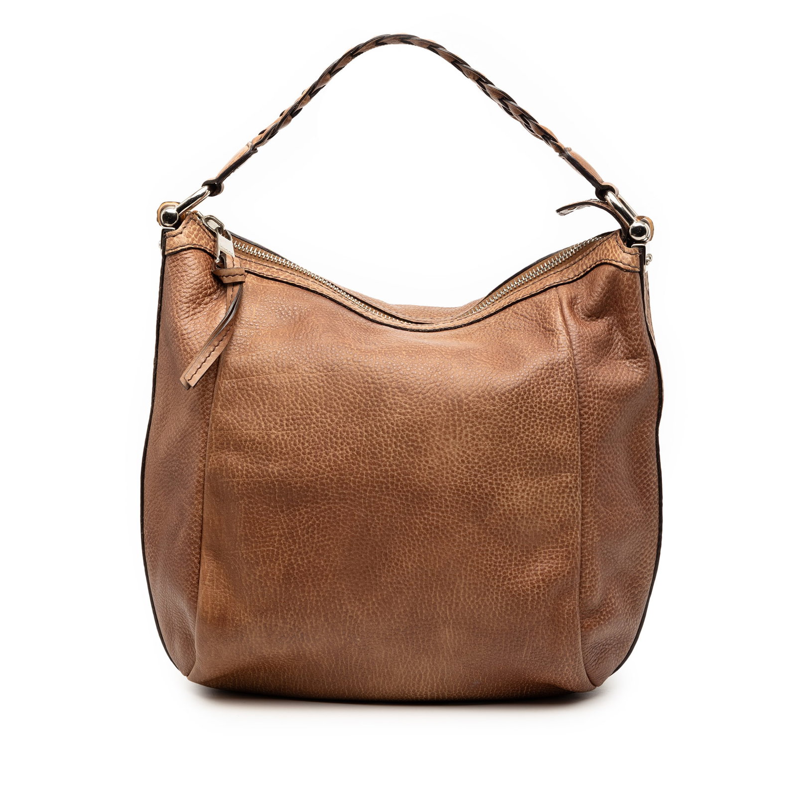 Gucci Bamboo Leather Shoulder Bag with Braided Strap: Gucci Bamboo Leather Shoulder Bag with Braided Strap This Gucci Leather Bamboo Shoulder Bag features a brown leather body, a flat braided leather strap, a top zip closure, and interior zip and slip po