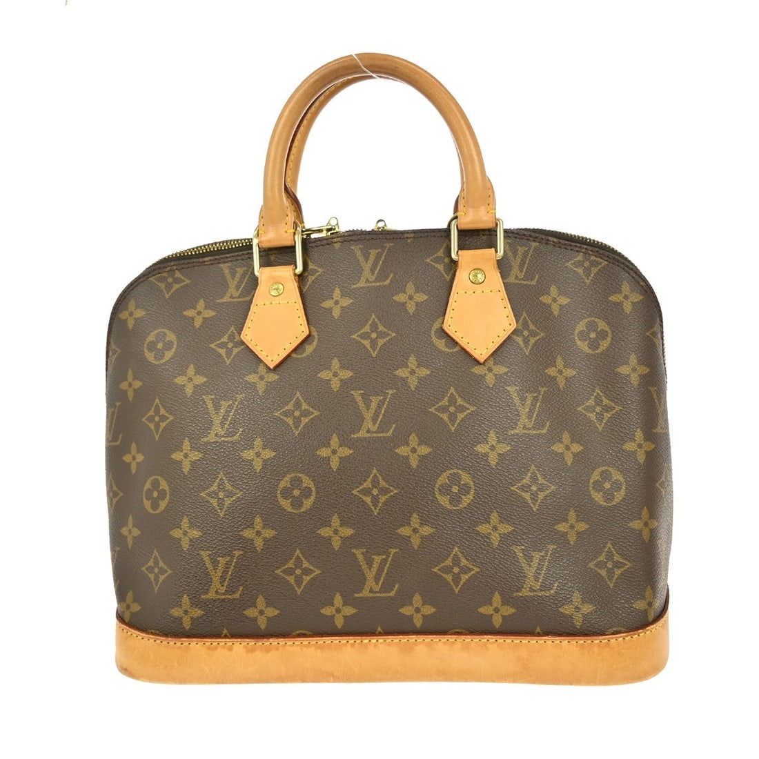 Alma Monogram Canvas Brown Satchel by Louis Vuitton: Alma Monogram Canvas Brown Satchel by Louis Vuitton This Louis Vuitton Alma handbag features the iconic Monogram canvas and is designed for women. The bag is brown with leather accents, showing signs 