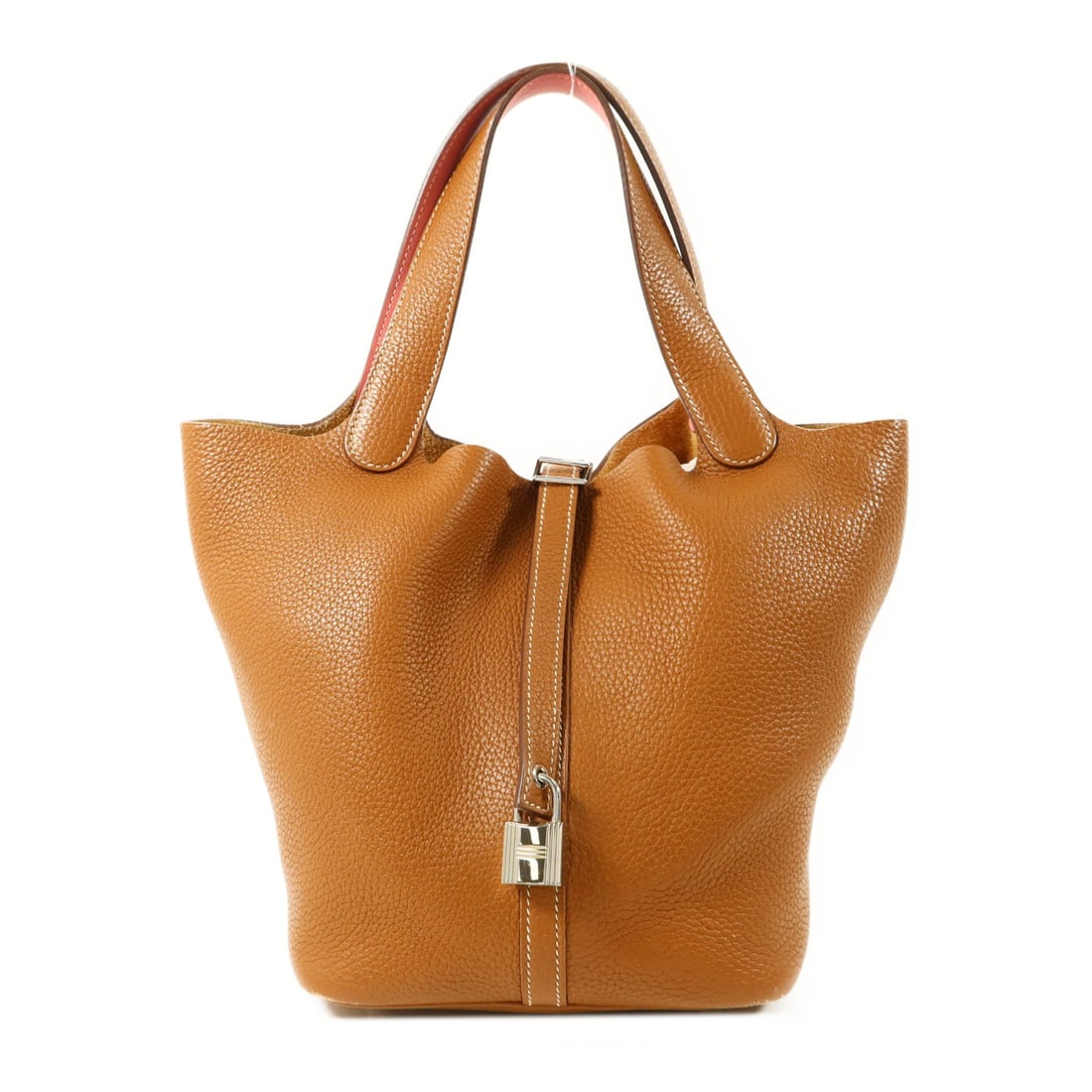 Hermes Picotin MM Rose Azalee Clemence Leather Handbag with Palladium Hardware: Hermes Picotin MM Rose Azalee Clemence Leather Handbag with Palladium Hardware This Hermes Picotin MM handbag features Clemence calfskin leather in a brown exterior color, complemented by palladium ha