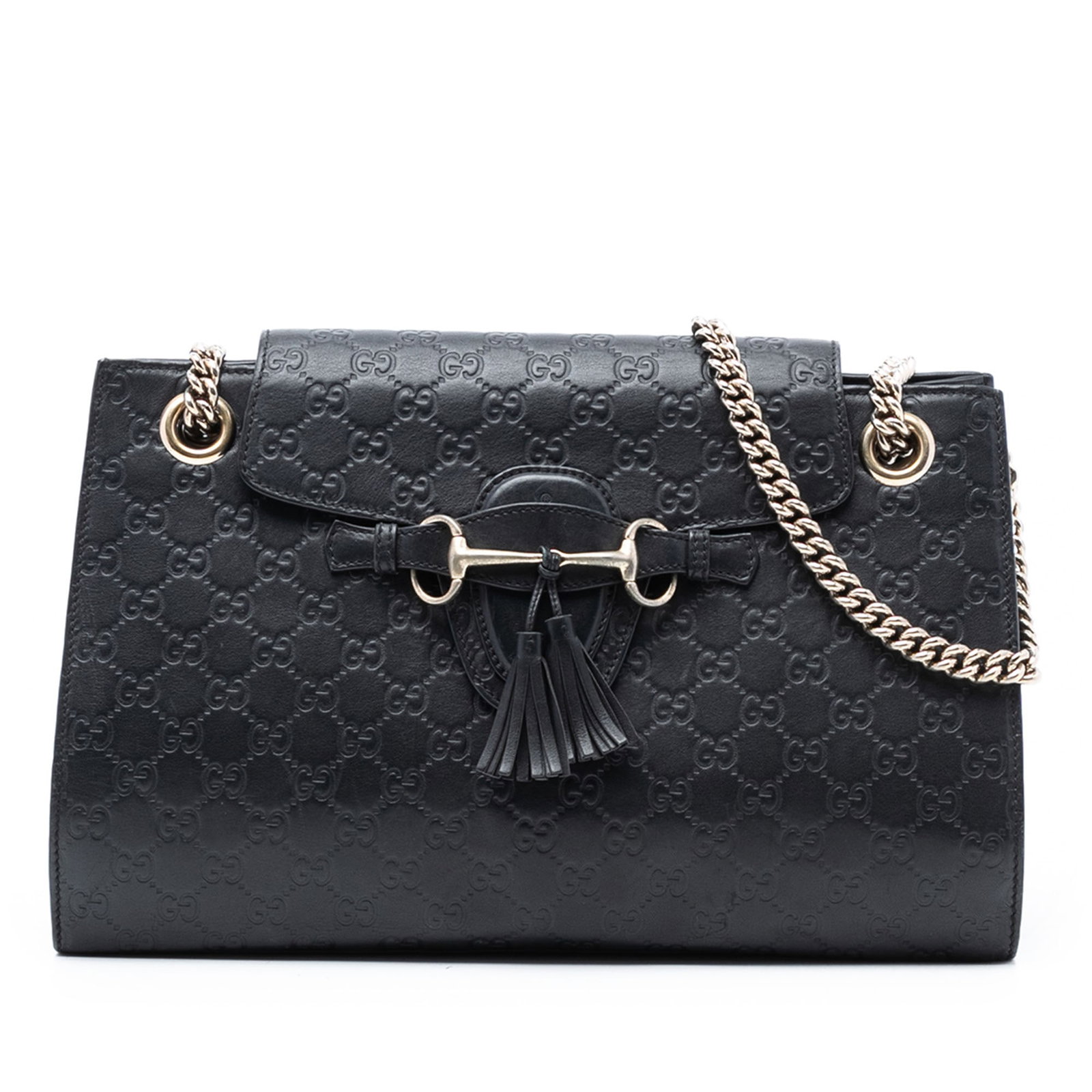 Gucci Guccissima Emily Black Leather Large Chain Strap Shoulder Bag: Gucci Guccissima Emily Black Leather Large Chain Strap Shoulder Bag This Gucci Large Guccissima Emily shoulder bag is crafted from black leather and features chain link straps with flat leather should