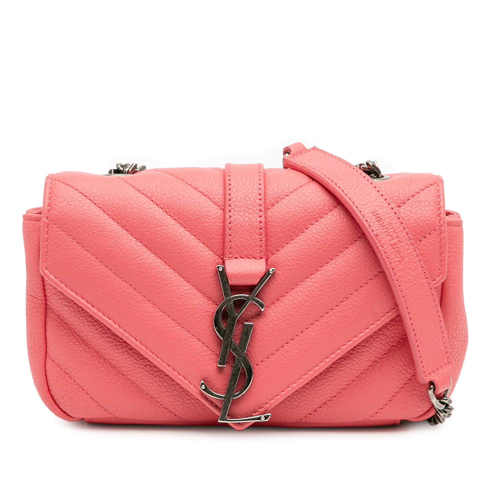 Saint Laurent Pink Grained Calfskin Chevron Monogram Chain Bag: Saint Laurent Pink Grained Calfskin Chevron Monogram Chain Bag Introducing the Saint Laurent Baby Grained Calfskin Chevron Classic Monogram Chain Bag, an elegant crossbody bag crafted from quilted lea