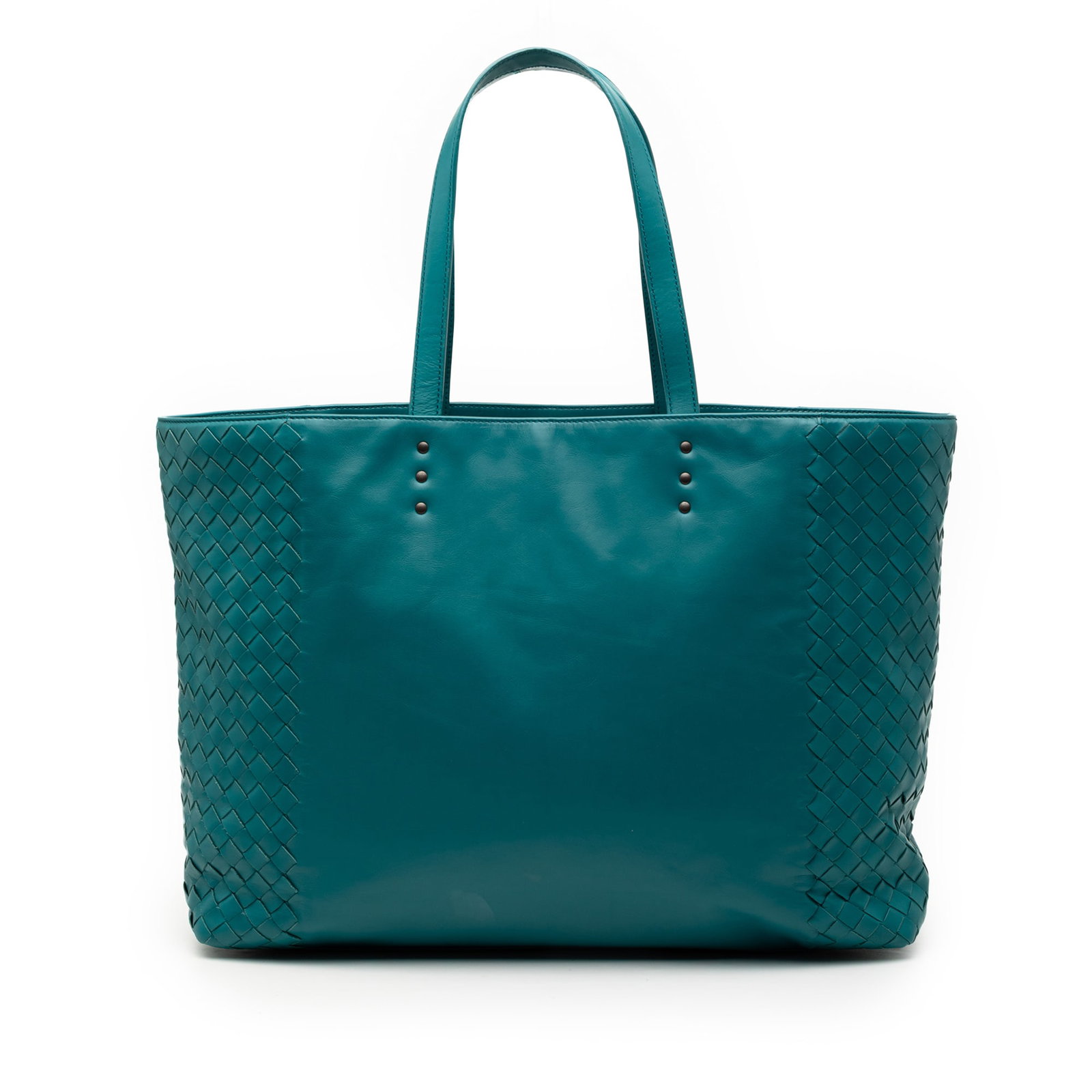 Blue Nappa Leather Tote with Intrecciato Woven Accents by Bottega Veneta: Blue Nappa Leather Tote with Intrecciato Woven Accents by Bottega Veneta This Bottega Veneta Intrecciato Trimmed Nappa Tote features a nappa leather body with woven trim, flat leather straps, an open 