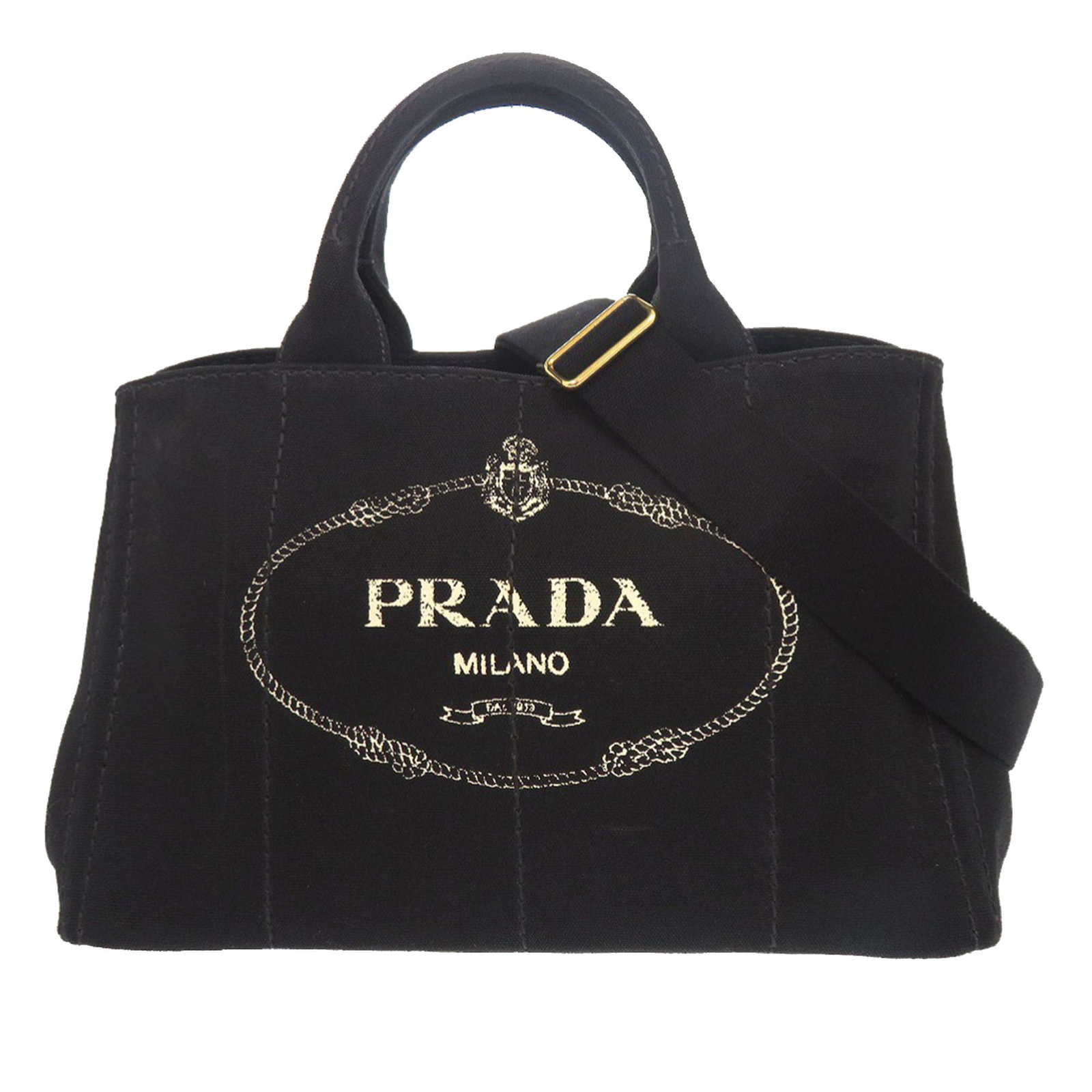 Prada Canapa Black Canvas Logo Handbag with Detachable Strap: Prada Canapa Black Canvas Logo Handbag with Detachable Strap The Prada Canvas Canapa Logo Satchel features a durable black canvas body with rolled handles and a detachable flat canvas strap. The open-