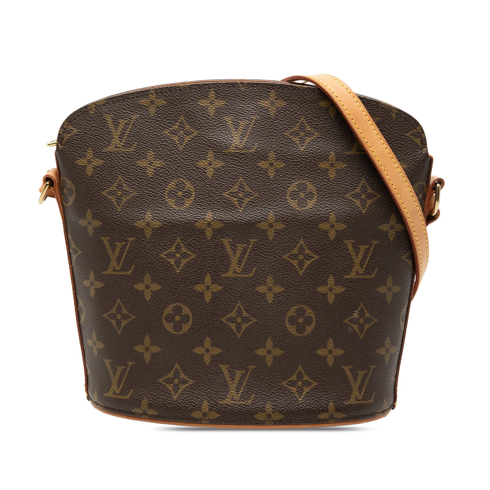 Monogram Drouot Shoulder Bag by Louis Vuitton in Brown Canvas: Monogram Drouot Shoulder Bag by Louis Vuitton in Brown Canvas The Louis Vuitton Monogram Drouot features the signature monogram canvas body with a brown color scheme and an adjustable vachetta leather