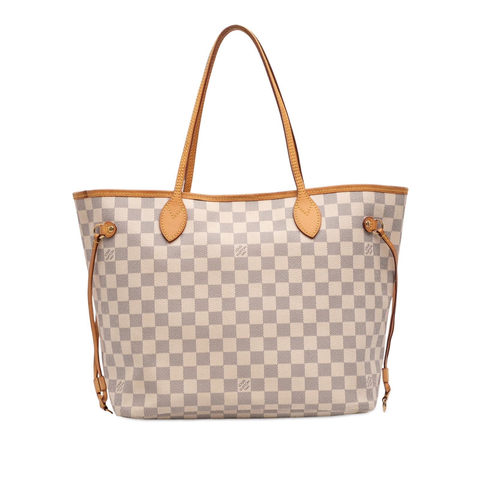 Louis Vuitton Neverfull MM Tote in Damier Azur Canvas with Vachetta Leather Trim: Louis Vuitton Neverfull MM Tote in Damier Azur Canvas with Vachetta Leather Trim This Louis Vuitton Damier Azur Neverfull MM features a signature Damier Azur canvas body with vachetta leather trim and