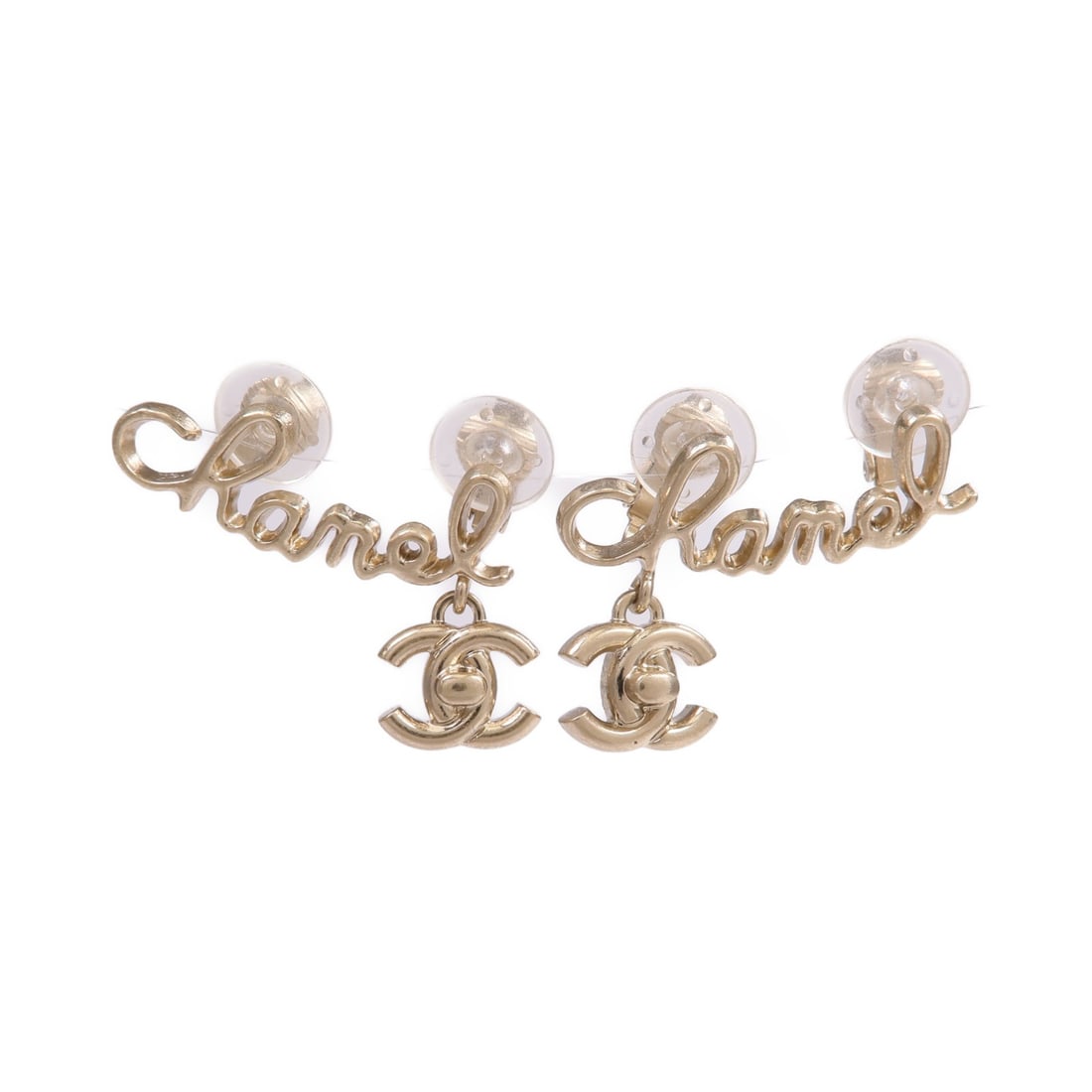 Gold Tone Metal Earrings with CC Logo by CHANEL: Gold Tone Metal Earrings with CC Logo by CHANEL These CHANEL CC earrings feature a gold-tone metal finish and display the iconic CC logo. Designed for women, they are crafted in France and do not feat