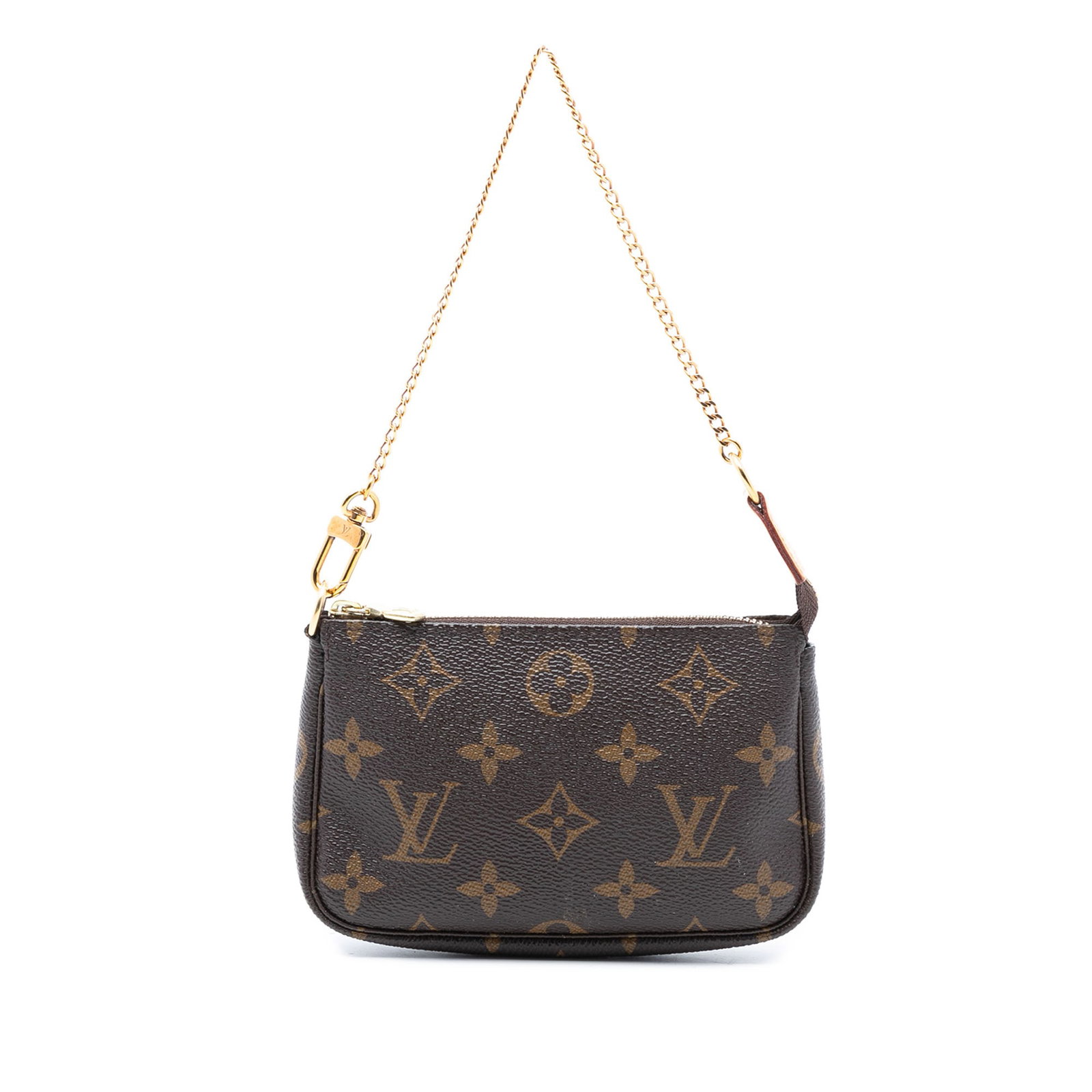 Louis Vuitton Monogram Canvas Mini Pochette Accessoires with Gold Tone Chain: Louis Vuitton Monogram Canvas Mini Pochette Accessoires with Gold Tone Chain This Louis Vuitton Mini Pochette Accessoires showcases the signature monogram canvas in brown, complemented by a gold-tone 