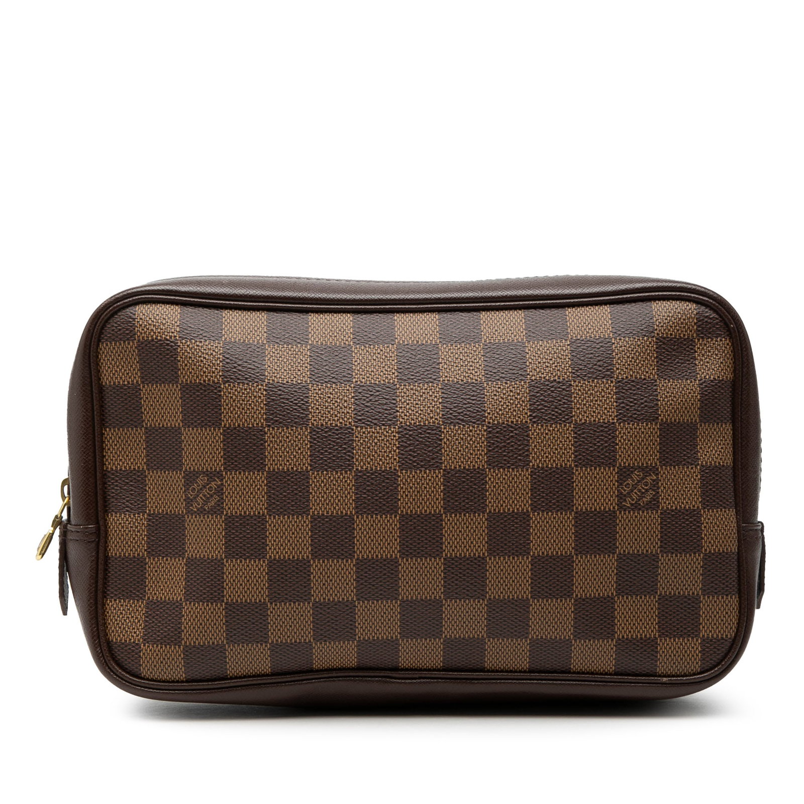 Damier Ebene Canvas Toiletry Pouch 25 by Louis Vuitton: Damier Ebene Canvas Toiletry Pouch 25 by Louis Vuitton This Louis Vuitton Trousse Toilette 25 features the iconic Damier Ebene canvas with leather trim, a top zip closure, and an interior slip pocket.