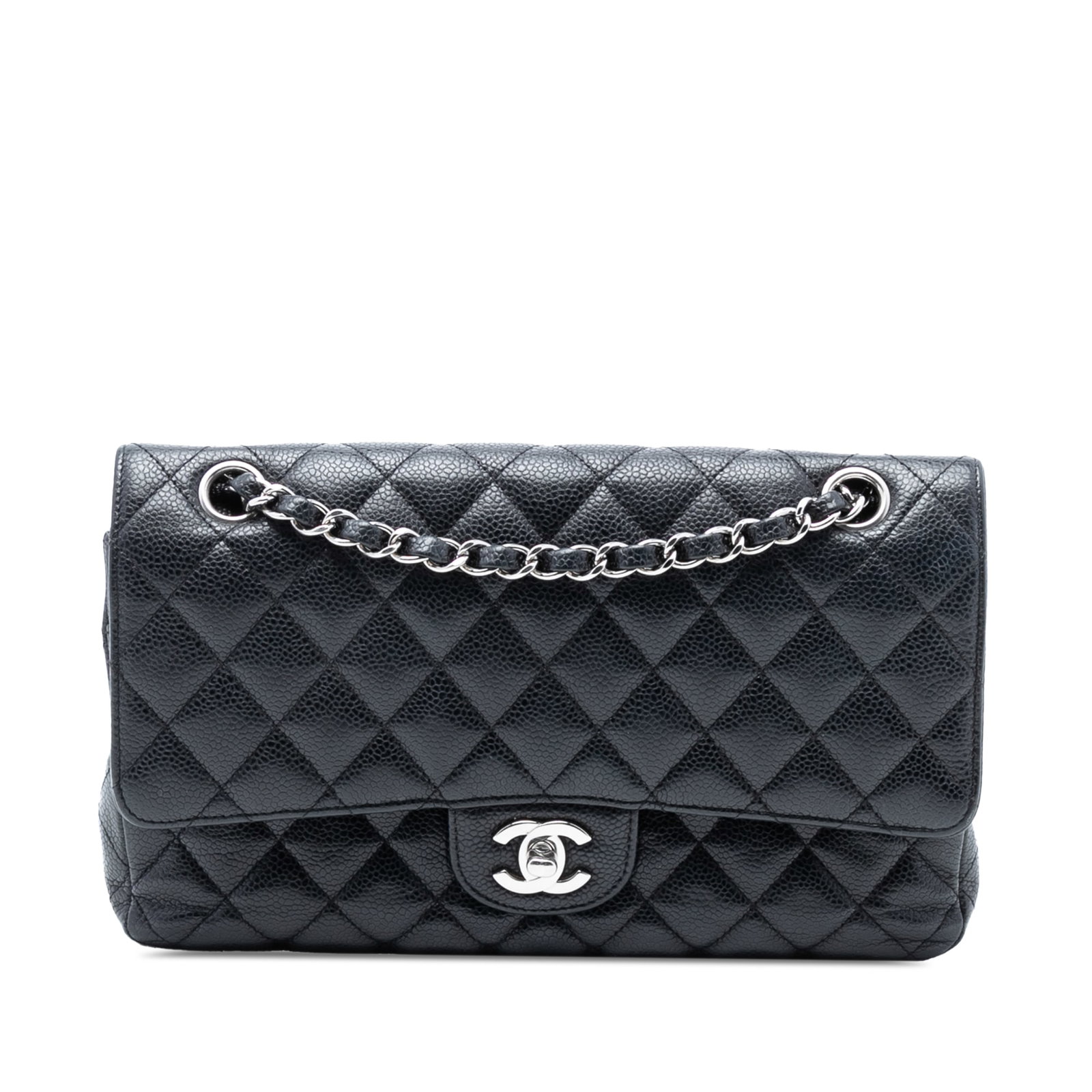 Chanel Black Quilted Caviar Leather Medium Classic Double Flap Shoulder Bag: Chanel Black Quilted Caviar Leather Medium Classic Double Flap Shoulder Bag This Chanel Medium Classic Caviar Double Flap shoulder bag is crafted from quilted caviar leather in black. It features leat