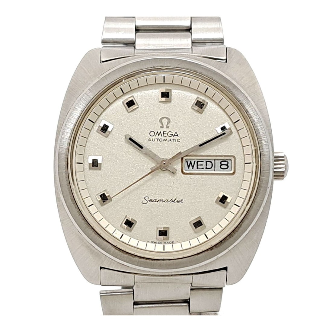 Omega Seamaster 168.034 Automatic Steel Men's Watch: Omega Seamaster 168.034 Automatic Steel Men's Watch This Omega Seamaster Day-Date wristwatch is crafted from stainless steel and features a silver dial. Designed for men, it is powered by an automatic