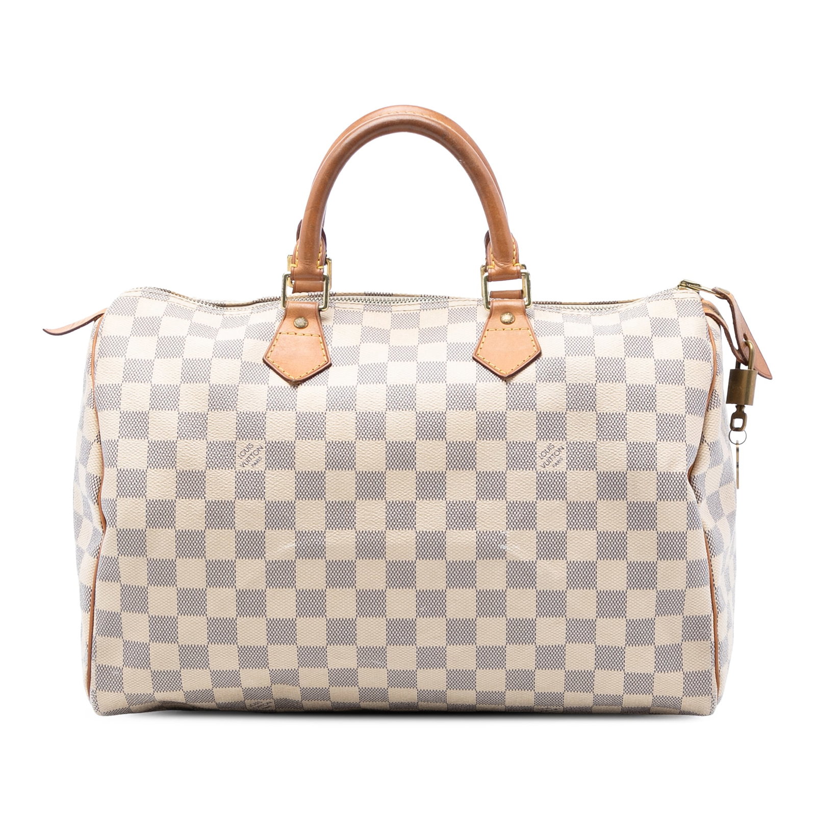 Louis Vuitton Speedy 35 Bag in Damier Azur Canvas with Leather Handles: Louis Vuitton Speedy 35 Bag in Damier Azur Canvas with Leather Handles The Louis Vuitton Damier Azur Speedy 35 features a damier canvas exterior with rolled vachetta leather handles and a top zip clos