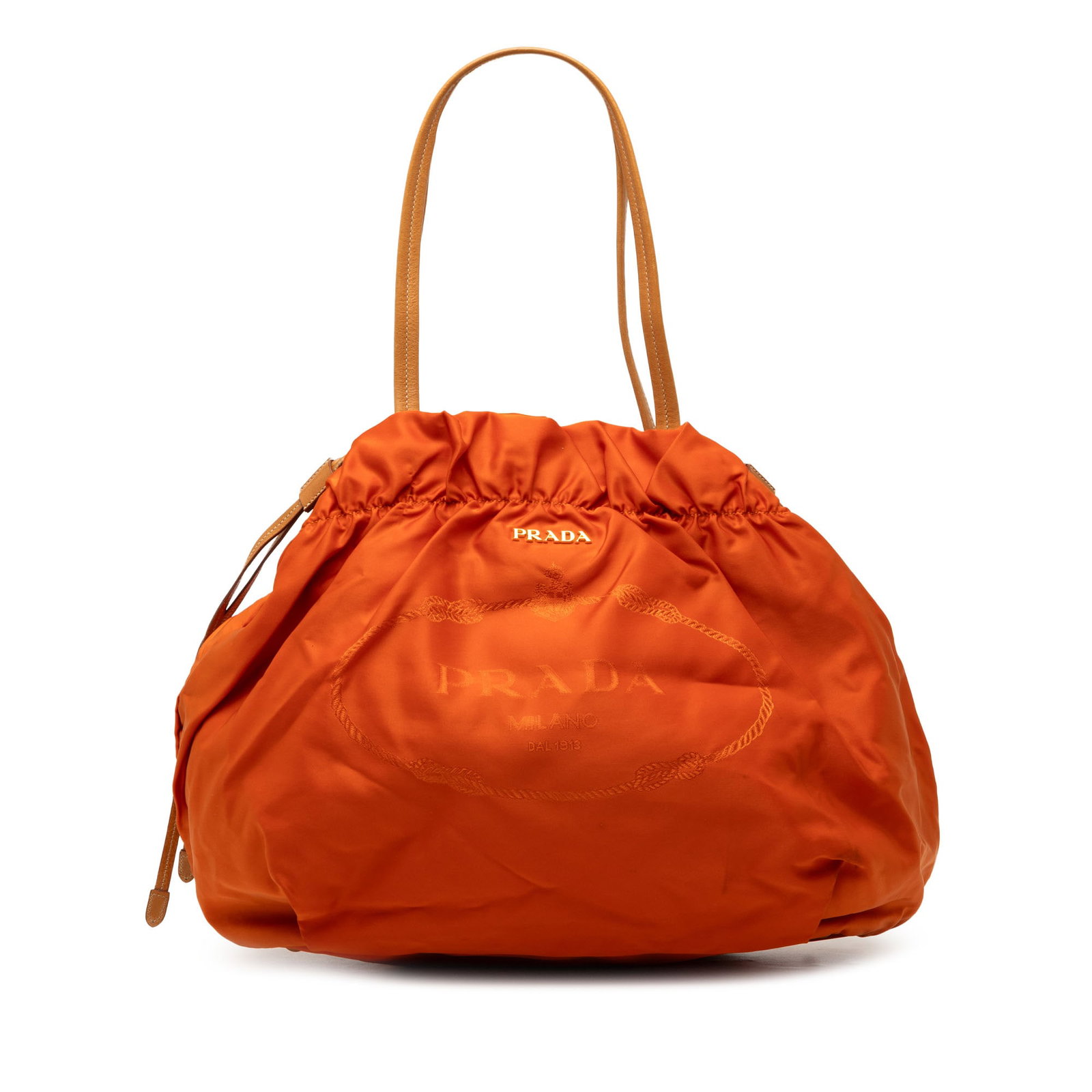 Orange Prada Tessuto Logo Nylon Drawstring Tote Bag with Leather Straps: Orange Prada Tessuto Logo Nylon Drawstring Tote Bag with Leather Straps This Prada Tessuto Logo Drawstring Tote features a durable nylon body in orange with flat leather shoulder straps. It offers an 