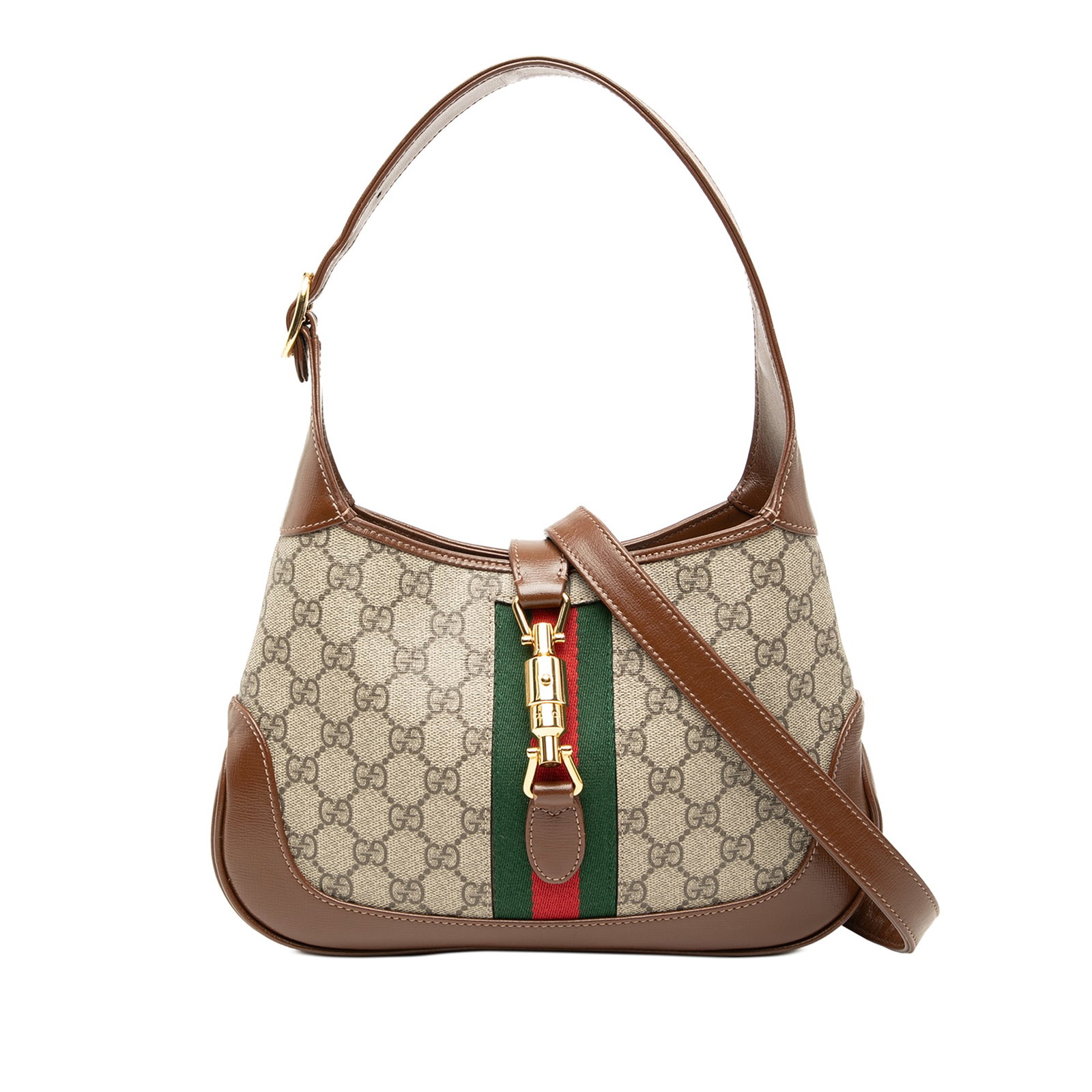 Gucci Jackie 1961 Small GG Supreme Crossbody with Web Detail: Gucci Jackie 1961 Small GG Supreme Crossbody with Web Detail This Gucci Small GG Supreme Web Jackie 1961 Crossbody features a coated canvas body with leather trim and signature web detail. It includes