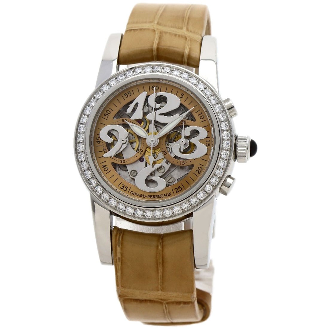 Girard Perregaux Skeleton Automatic Chronograph Ladies Wristwatch: Girard Perregaux Skeleton Automatic Chronograph Ladies Wristwatch This pre-owned GIRARD PERREGAUX Small Chronograph women's wristwatch features a stainless steel case and a leather band. The skeleton 