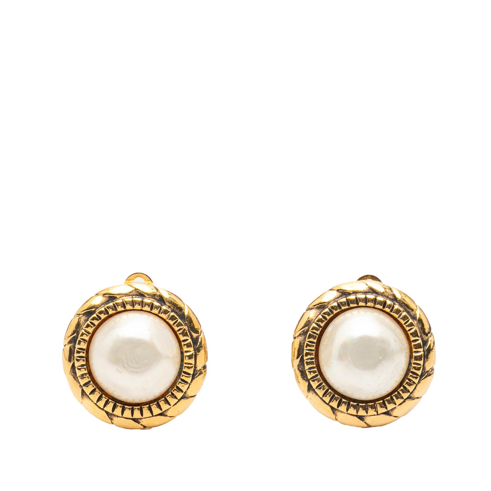 Chanel Faux Pearl Gold Plated Clip On Round Earrings: Chanel Faux Pearl Gold Plated Clip On Round Earrings These Chanel round clip-on earrings feature a gold-plated metal body accented with faux pearls. Designed in a classic costume style, they offer a t