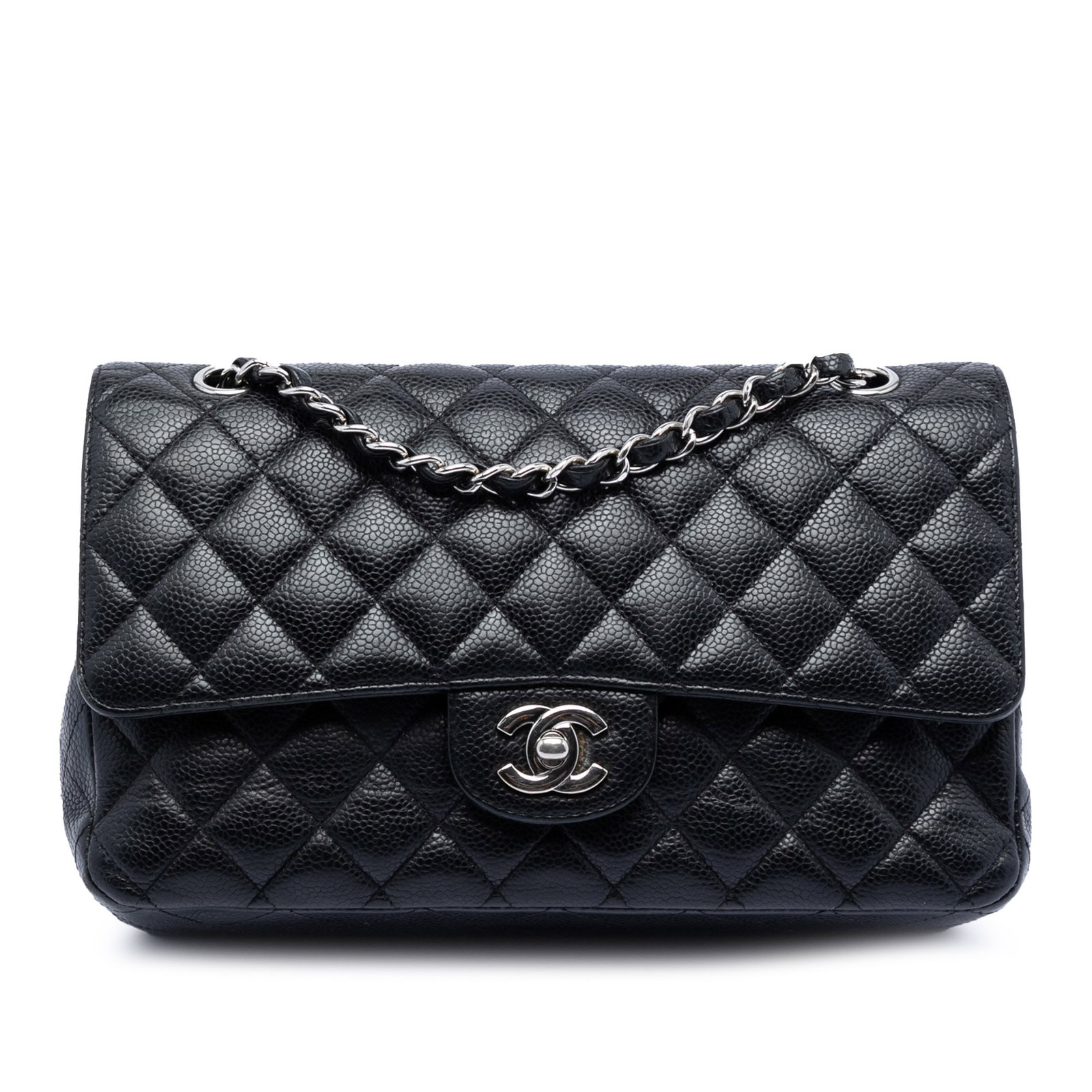 Black Quilted Leather Shoulder Bag Chanel Medium Caviar Double Flap: Black Quilted Leather Shoulder Bag Chanel Medium Caviar Double Flap This Chanel Medium Classic Double Flap shoulder bag is crafted from quilted black caviar leather and features leather-woven chain st