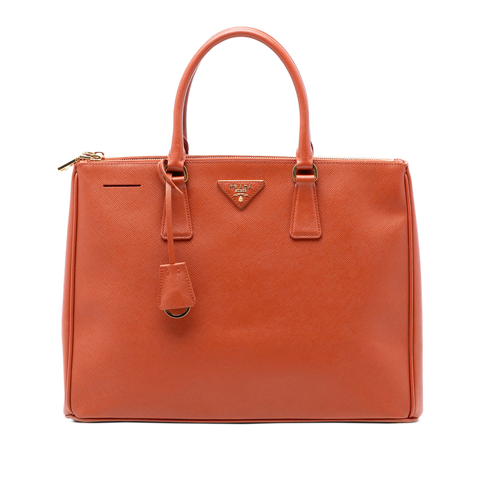 Prada Galleria Saffiano Leather Double Zip Large Orange Satchel Bag: Prada Galleria Saffiano Leather Double Zip Large Orange Satchel Bag This Prada Large Saffiano Lux Galleria Double Zip Satchel features a saffiano leather body in orange, rolled leather handles, an ope