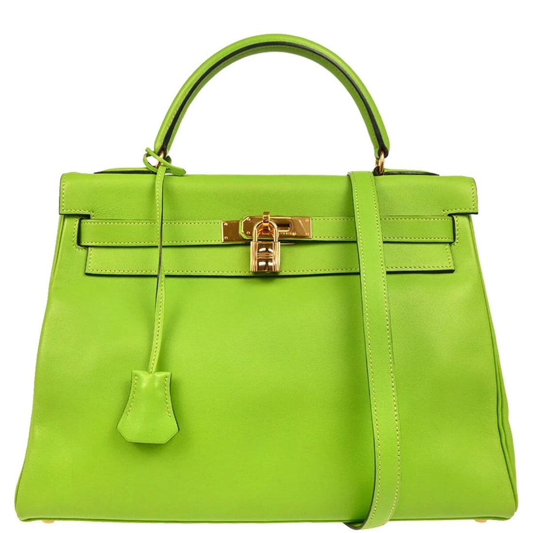 Green Leather Hermes Kelly Bag with Gold Tone Accents: Green Leather Hermes Kelly Bag with Gold Tone Accents This Hermes Kelly handbag features a striking green Gulliver leather exterior complemented by gold hardware. Designed for women, it offers a struc