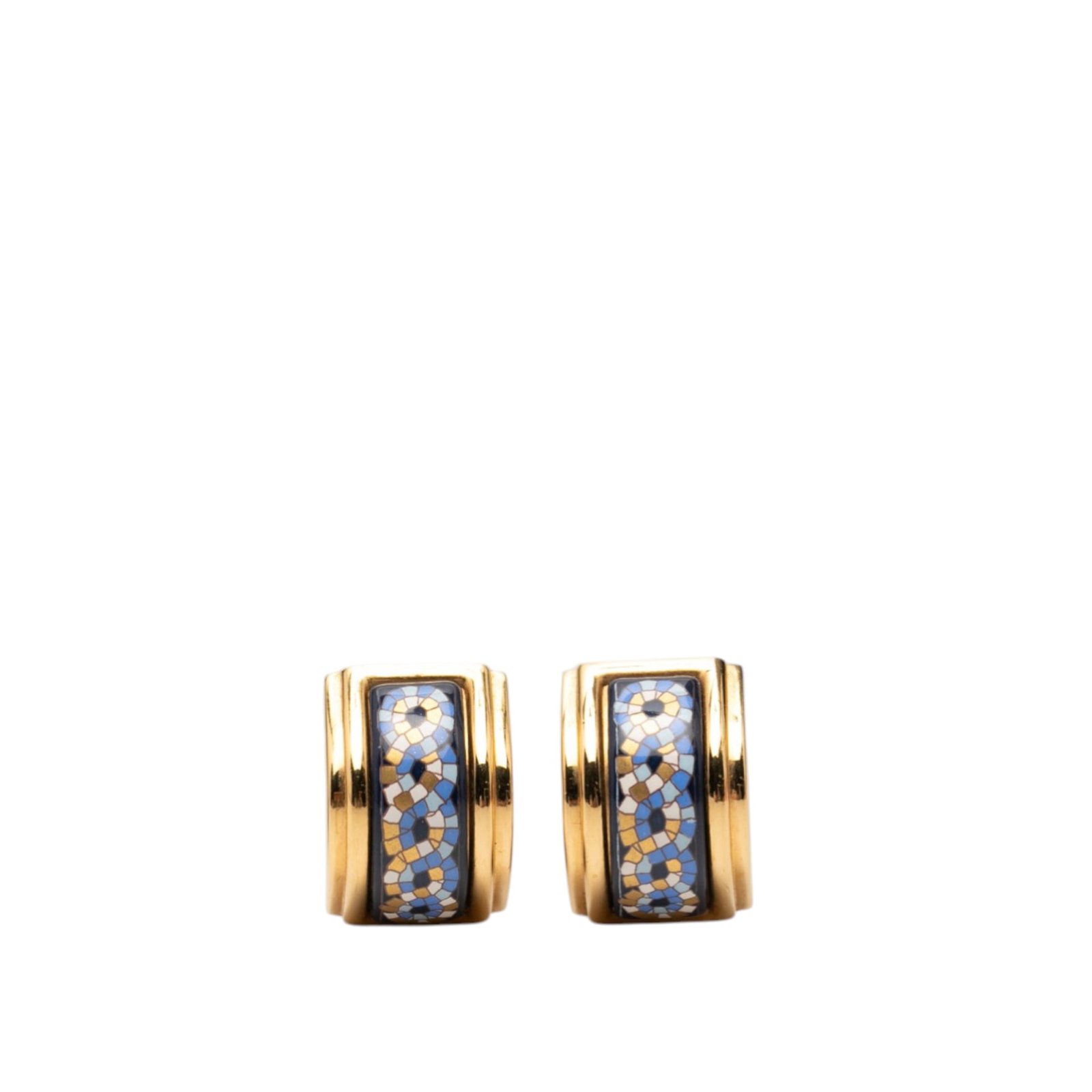 Hermes Cloisonne Enamel Metal Clip Earrings Gold Plated Finish: Hermes Cloisonne Enamel Metal Clip Earrings Gold Plated Finish These Hermes clip-on earrings feature vibrant printed enamel and gold-plated metal bodies. Crafted in Italy, they offer a stylish costume
