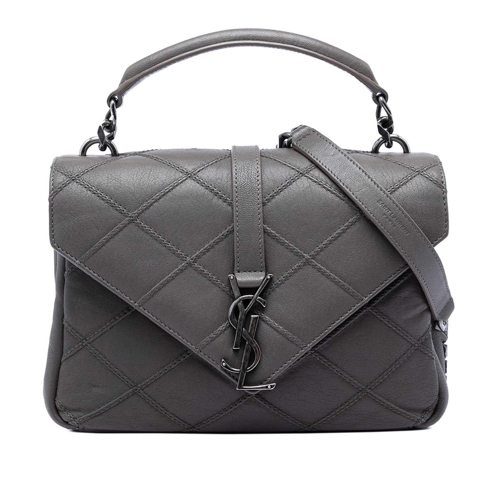 Saint Laurent College Medium Gray Quilted Leather Satchel with Chain Strap: Saint Laurent College Medium Gray Quilted Leather Satchel with Chain Strap This Saint Laurent Medium Quilted Diamond Calfskin Monogram College Satchel features a quilted leather body in gray, a flat l