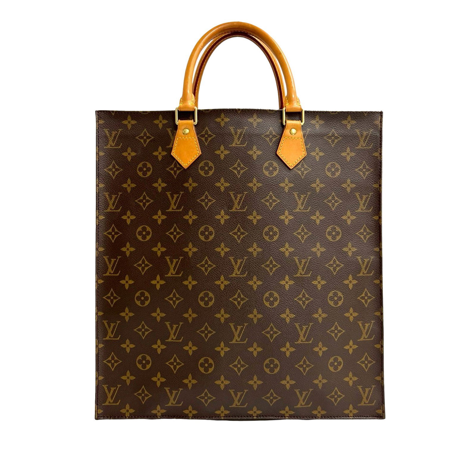 Monogram Canvas Sac Plat Tote by Louis Vuitton with Vachetta Leather Handles: Monogram Canvas Sac Plat Tote by Louis Vuitton with Vachetta Leather Handles The Louis Vuitton Monogram Sac Plat features a monogram canvas body with rolled vachetta leather handles, an open top, and 