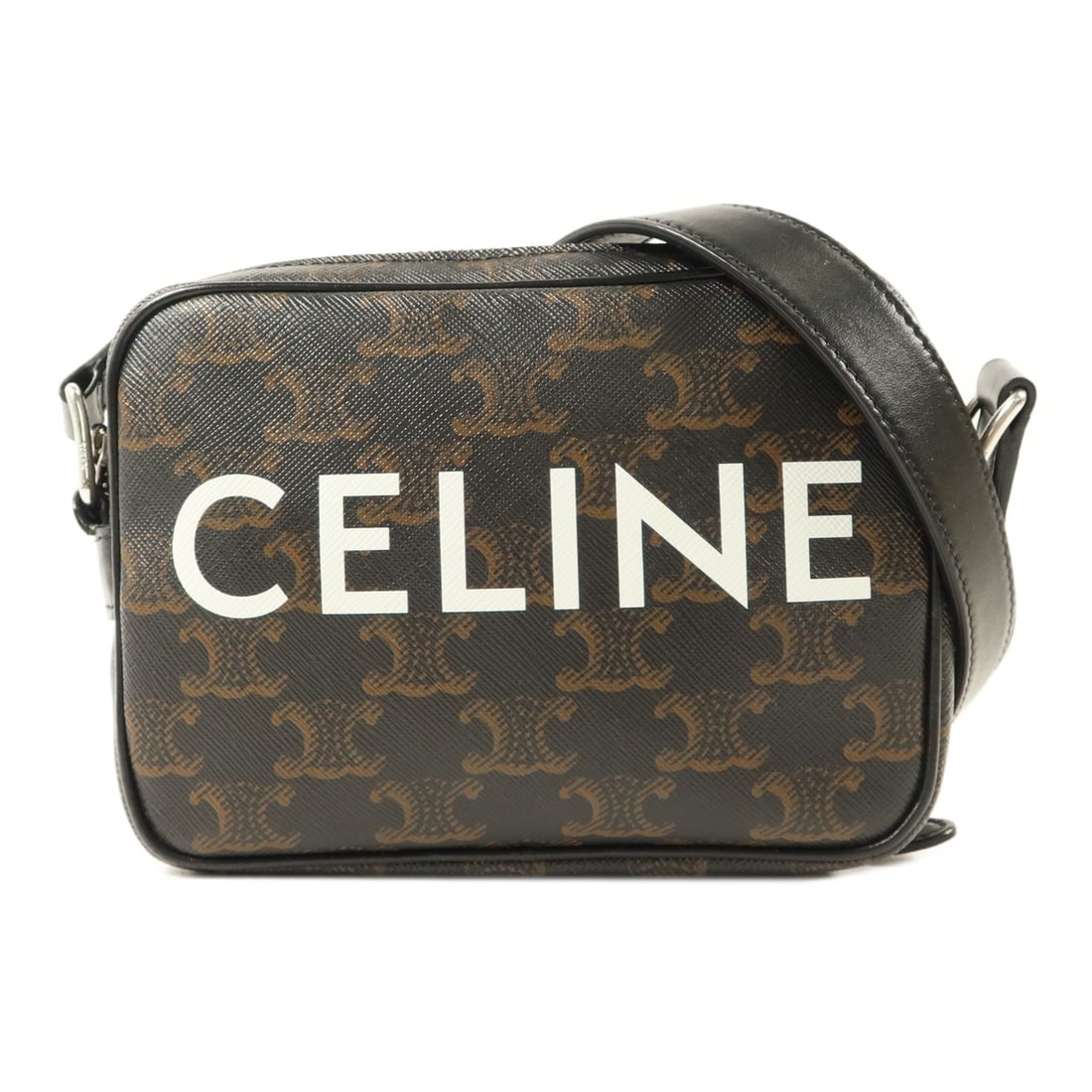 Celine Brown Coated Canvas Camera Shoulder Bag with Silver Hardware: Celine Brown Coated Canvas Camera Shoulder Bag with Silver Hardware This CELINE shoulder bag features a compact camera bag design crafted from brown PVC coated canvas. Designed for women, it offers a 