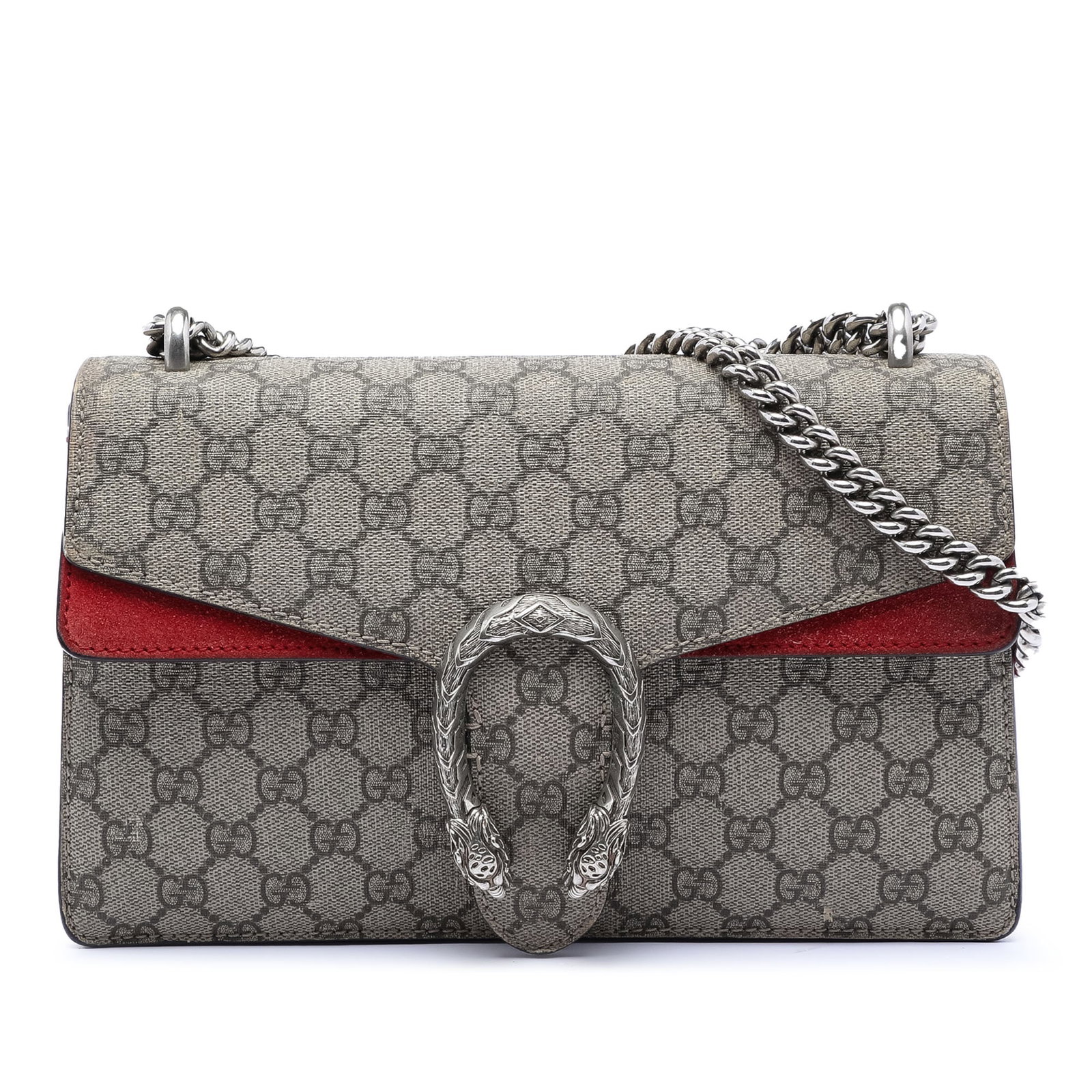 Medium Dionysus Shoulder Bag by Gucci in GG Supreme Canvas: Medium Dionysus Shoulder Bag by Gucci in GG Supreme Canvas This Gucci Medium GG Supreme Dionysus Shoulder Bag features a coated canvas body with suede leather trim, a silver-tone curb chain shoulder s