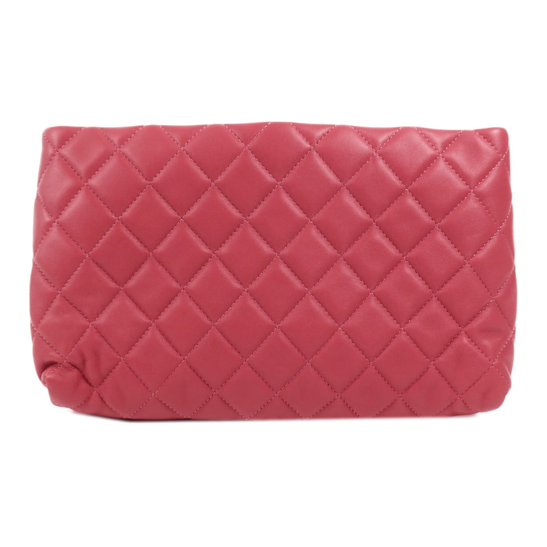 CHANEL Pink Lambskin Leather Pouch with SHW: CHANEL Pink Lambskin Leather Pouch with SHW This elegant CHANEL pouch is crafted from luxurious lambskin leather in a chic pink hue. Its sleek design features a height of 6.1 inches, depth of 1.6 inch
