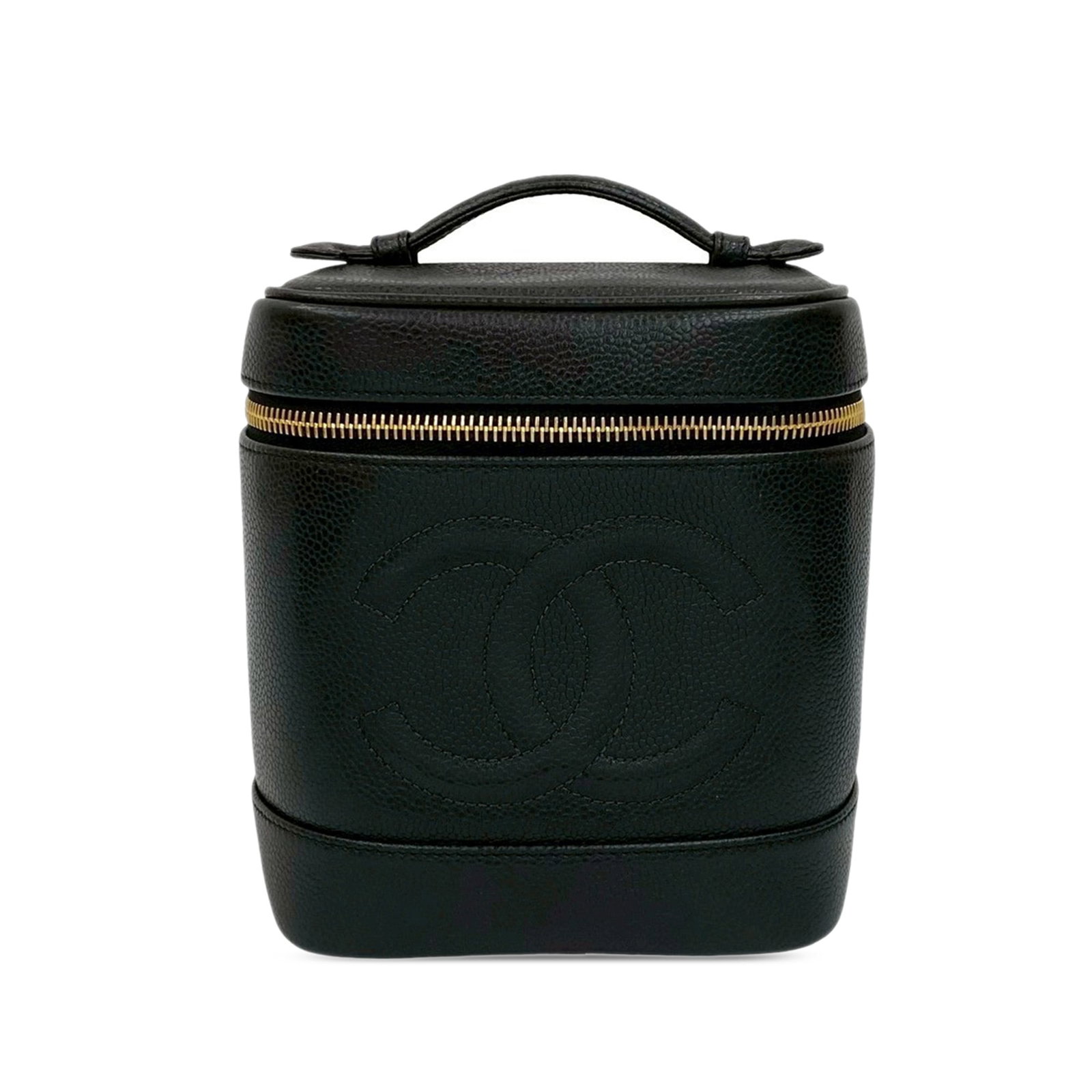 Black Caviar Leather Vanity Bag by Chanel CC Model: Black Caviar Leather Vanity Bag by Chanel CC Model This Chanel CC Caviar Vanity Case features a black caviar leather body with a flat leather top handle and a zip-around closure. The interior includes
