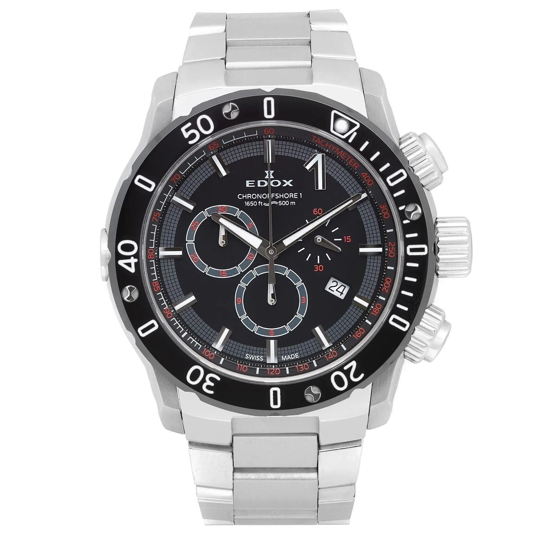 Edox Chronoffshore-1 45MM Quartz Chronograph Steel Bracelet Watch: Edox Chronoffshore-1 45MM Quartz Chronograph Steel Bracelet Watch This Edox Chronoffshore-1 Quartz Watch combines durability with elegant design, featuring a robust 45mm stainless steel case. The stri