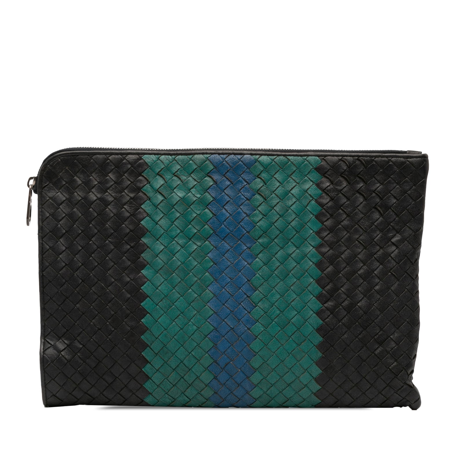 Tricolor Intrecciato Leather Clutch by Bottega Veneta: Tricolor Intrecciato Leather Clutch by Bottega Veneta This clutch features a woven leather body in a tricolor design, a top zip closure, and interior slip pockets. It is crafted from leather and origi