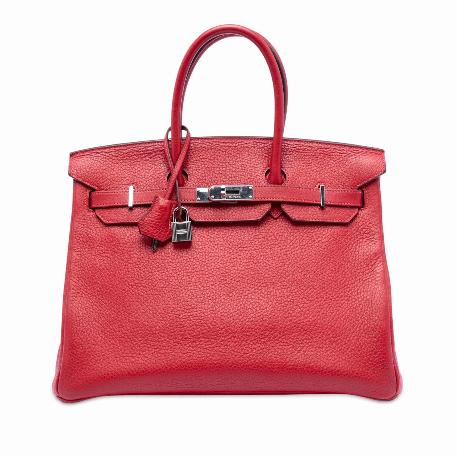 Hermes Birkin 35 Clemence Leather Handbag in Rouge Casaque: Hermes Birkin 35 Clemence Leather Handbag in Rouge Casaque The Hermes Clemence Birkin Retourne 35 is crafted from Clemence leather in a Rouge Casaque color. It features rolled leather handles, a front