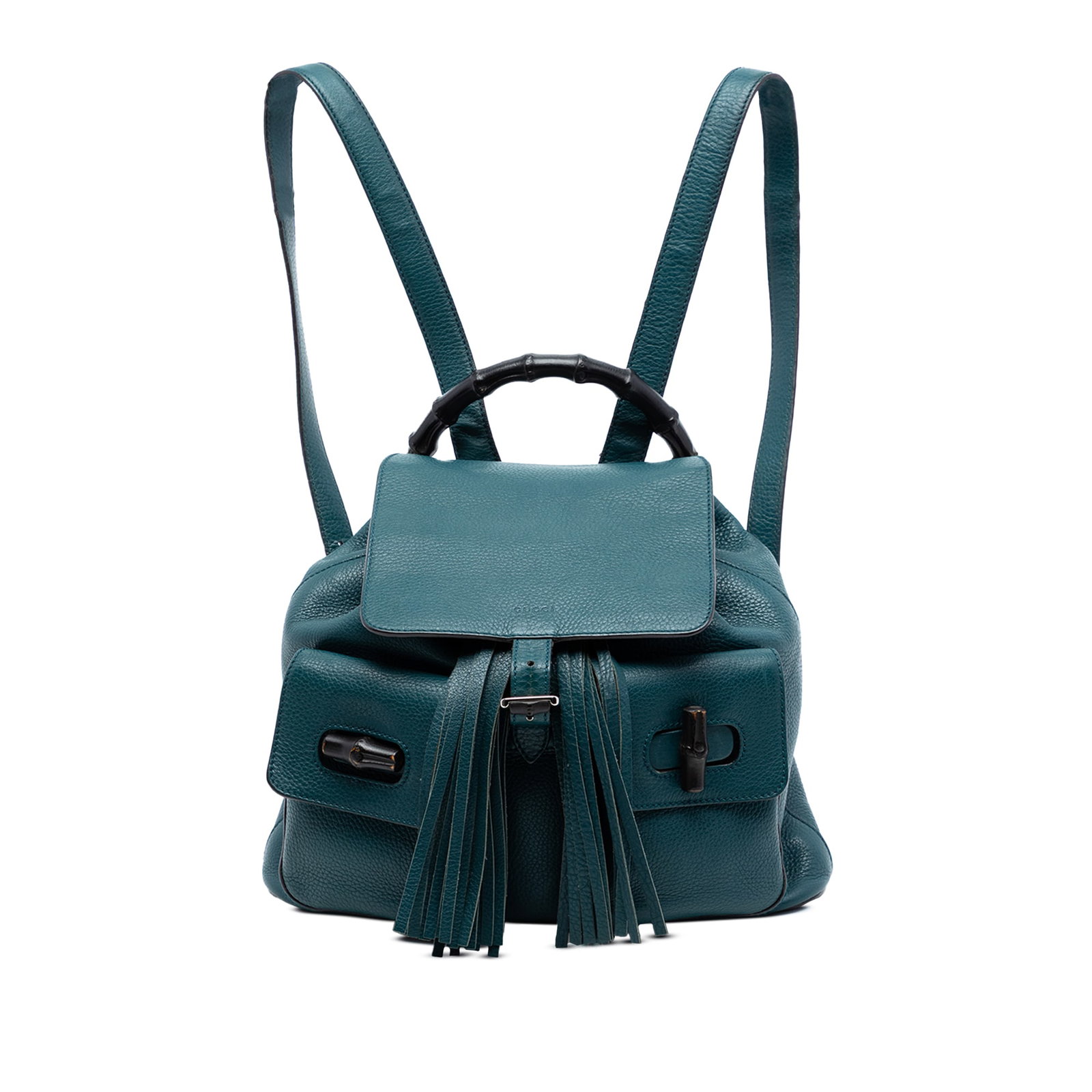 Green Leather Backpack with Bamboo Handle and Tassel by Gucci: Green Leather Backpack with Bamboo Handle and Tassel by Gucci This Gucci Leather Bamboo Tassel Backpack features a green leather body with a bamboo top handle, adjustable flat leather back straps, and