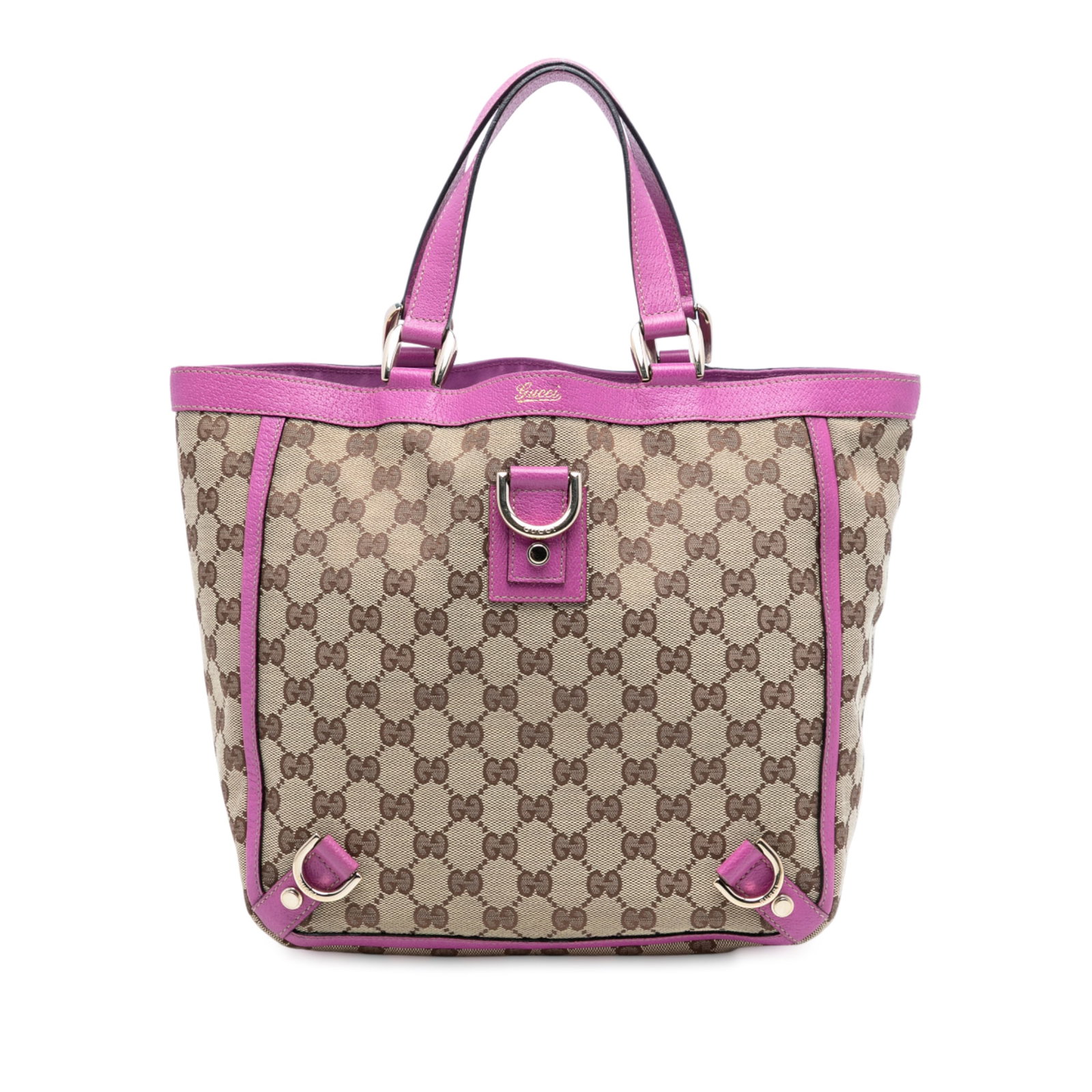 Beige Canvas Tote Bag with D-Ring and Leather Trim by Gucci Abbey: Beige Canvas Tote Bag with D-Ring and Leather Trim by Gucci Abbey This Gucci GG Canvas Abbey D Ring Tote features a beige canvas body with leather trim, flat leather handles, an open top secured by a 