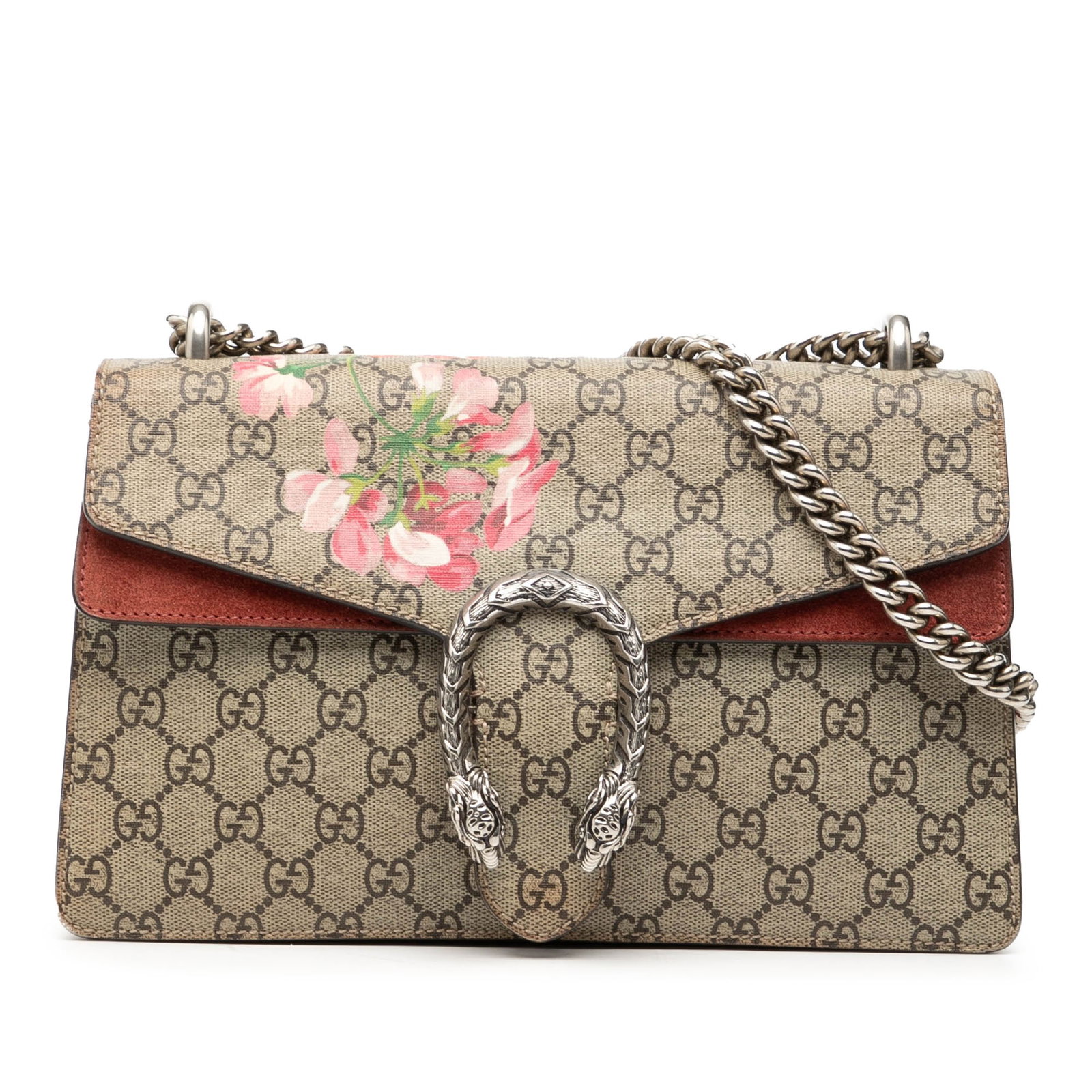 Gucci Dionysus GG Supreme Blooms Medium Size Shoulder Bag with Suede Trim: Gucci Dionysus GG Supreme Blooms Medium Size Shoulder Bag with Suede Trim This Gucci Medium GG Supreme Blooms Dionysus Shoulder Bag features a coated canvas exterior with suede leather trim, a chain l