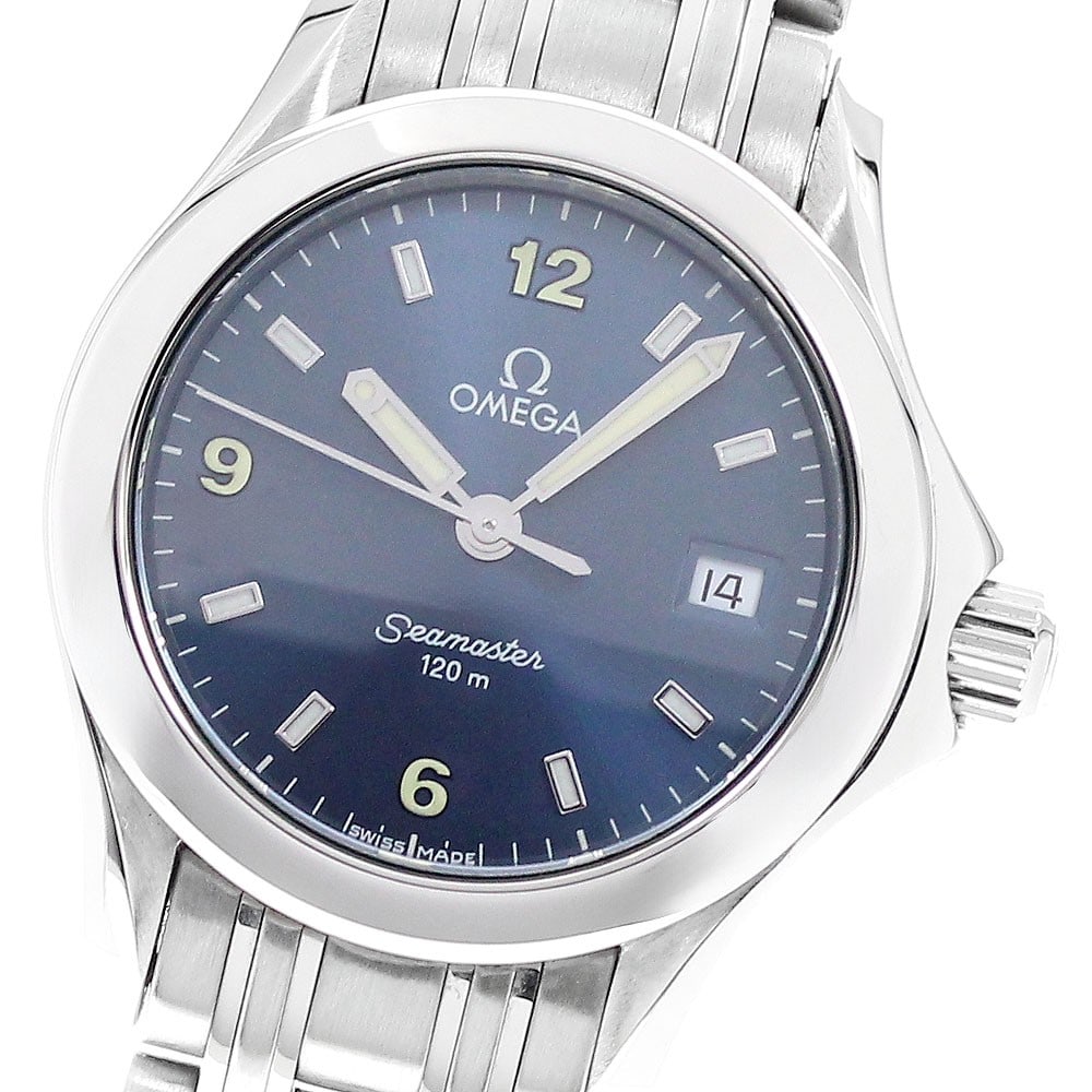 Omega Seamaster 120 Ladies Quartz Date Wristwatch: Omega Seamaster 120 Ladies Quartz Date Wristwatch This Omega Seamaster 120 Date Quartz ladies wristwatch features a stainless steel case and bracelet with a navy dial. The watch is powered by a quartz