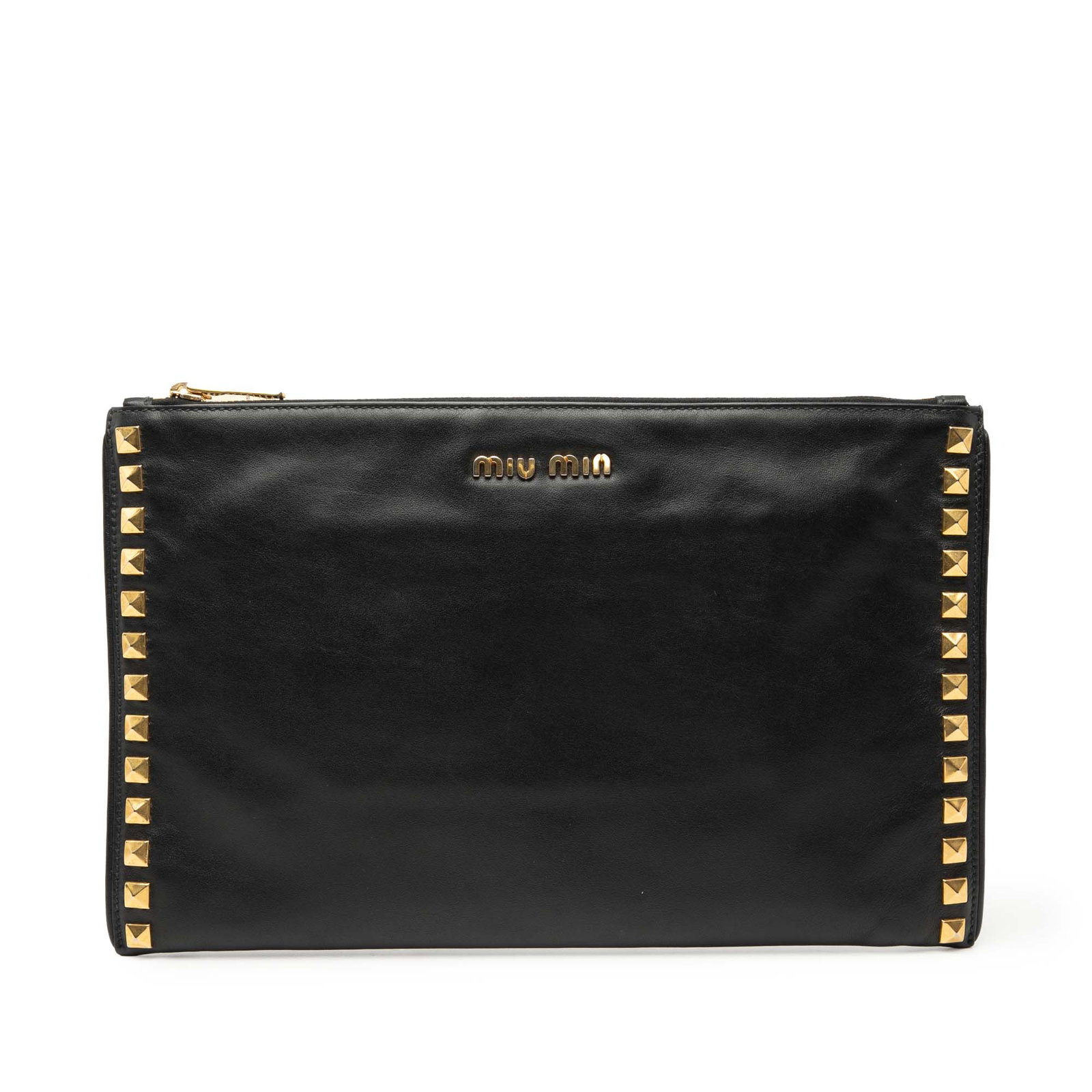 Black Leather Clutch with Gold Studs by Miu Miu: Black Leather Clutch with Gold Studs by Miu Miu This Miu Miu clutch bag features a black leather body adorned with gold-tone stud embellishments. It has a top zip closure and an interior zip pocket fo