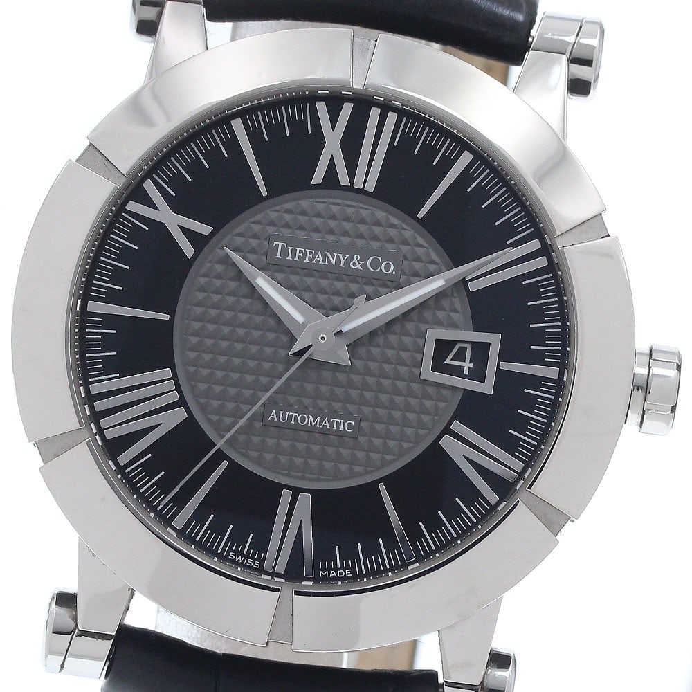 Tiffany Atlas Gent Date Automatic Men's Stainless Steel Watch: Tiffany Atlas Gent Date Automatic Men's Stainless Steel Watch This pre-owned Tiffany & Co. Atlas Gent Date men's wristwatch features a stainless steel and rubber case paired with a leather strap. The 